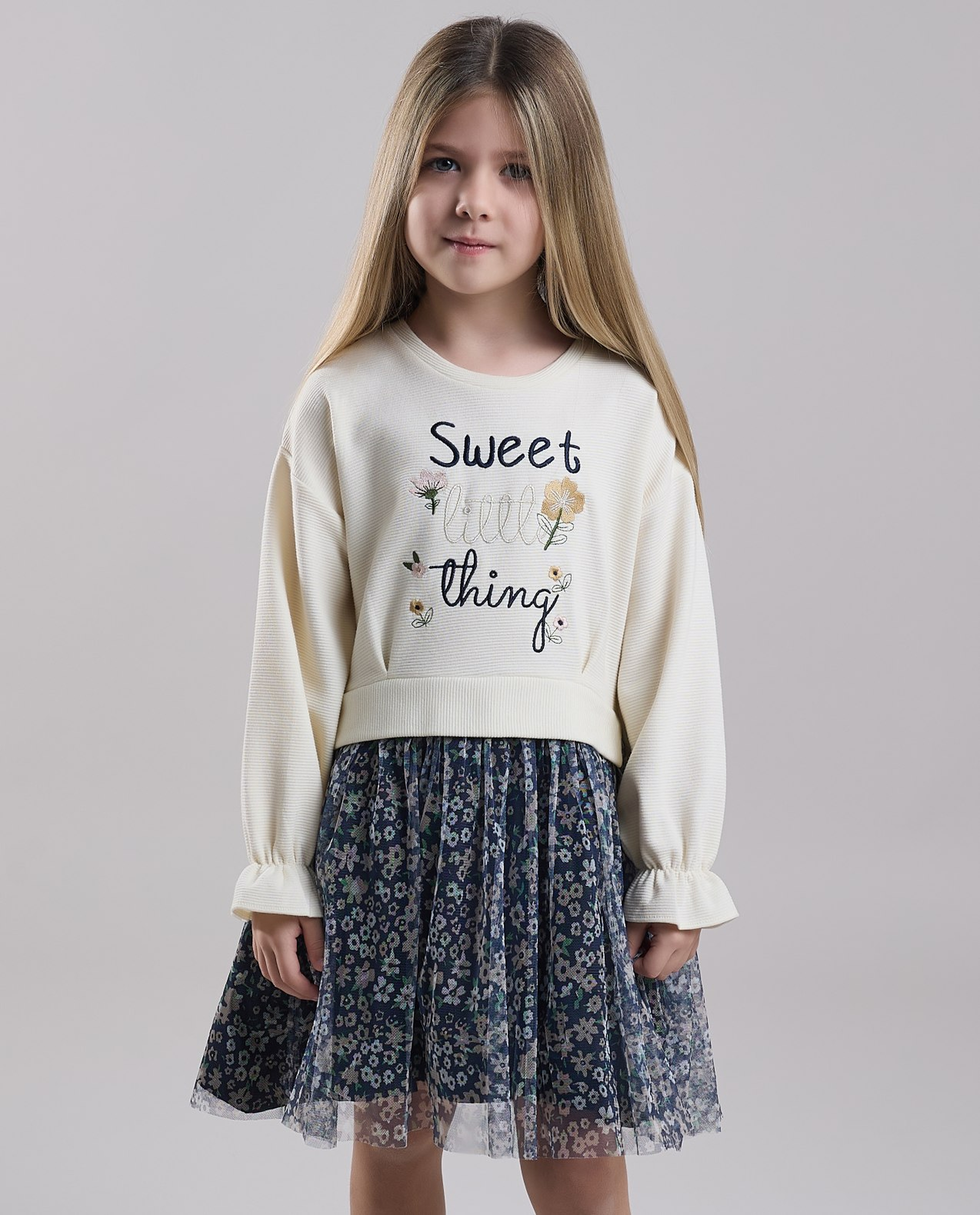 Printed Fit & Flare Dress with Crew Neck and Long Sleeves