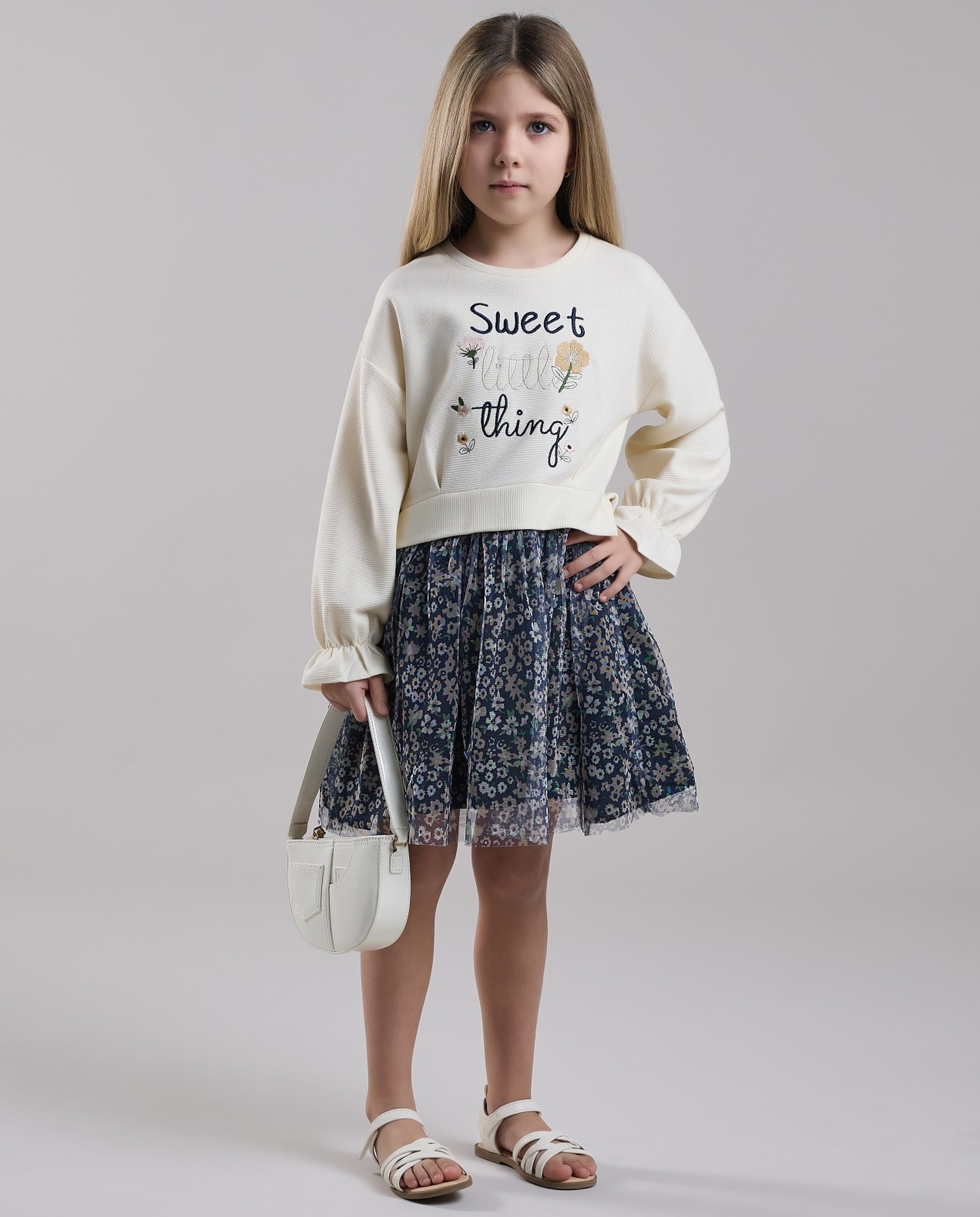 Printed Fit & Flare Dress with Crew Neck and Long Sleeves