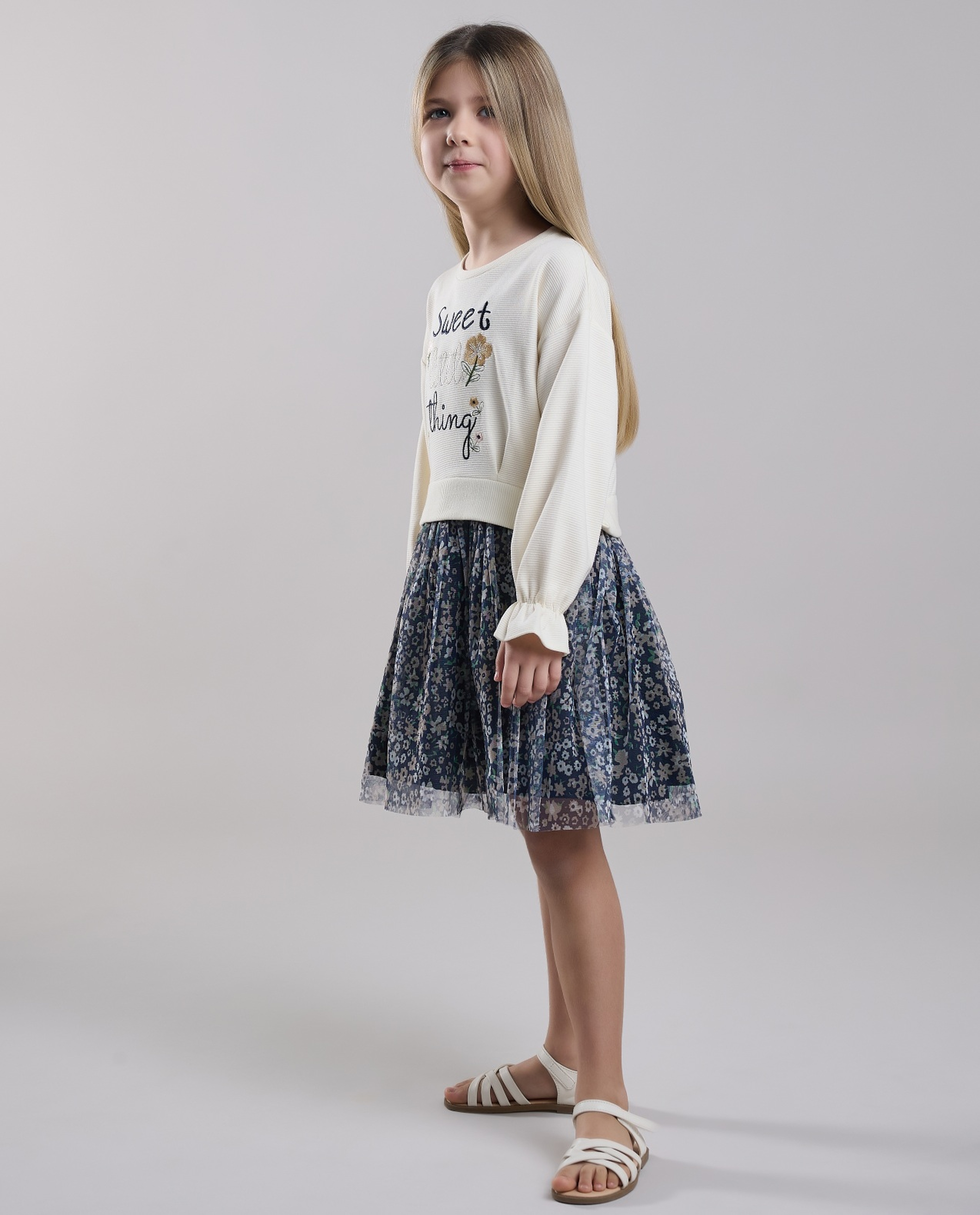 Printed Fit & Flare Dress with Crew Neck and Long Sleeves