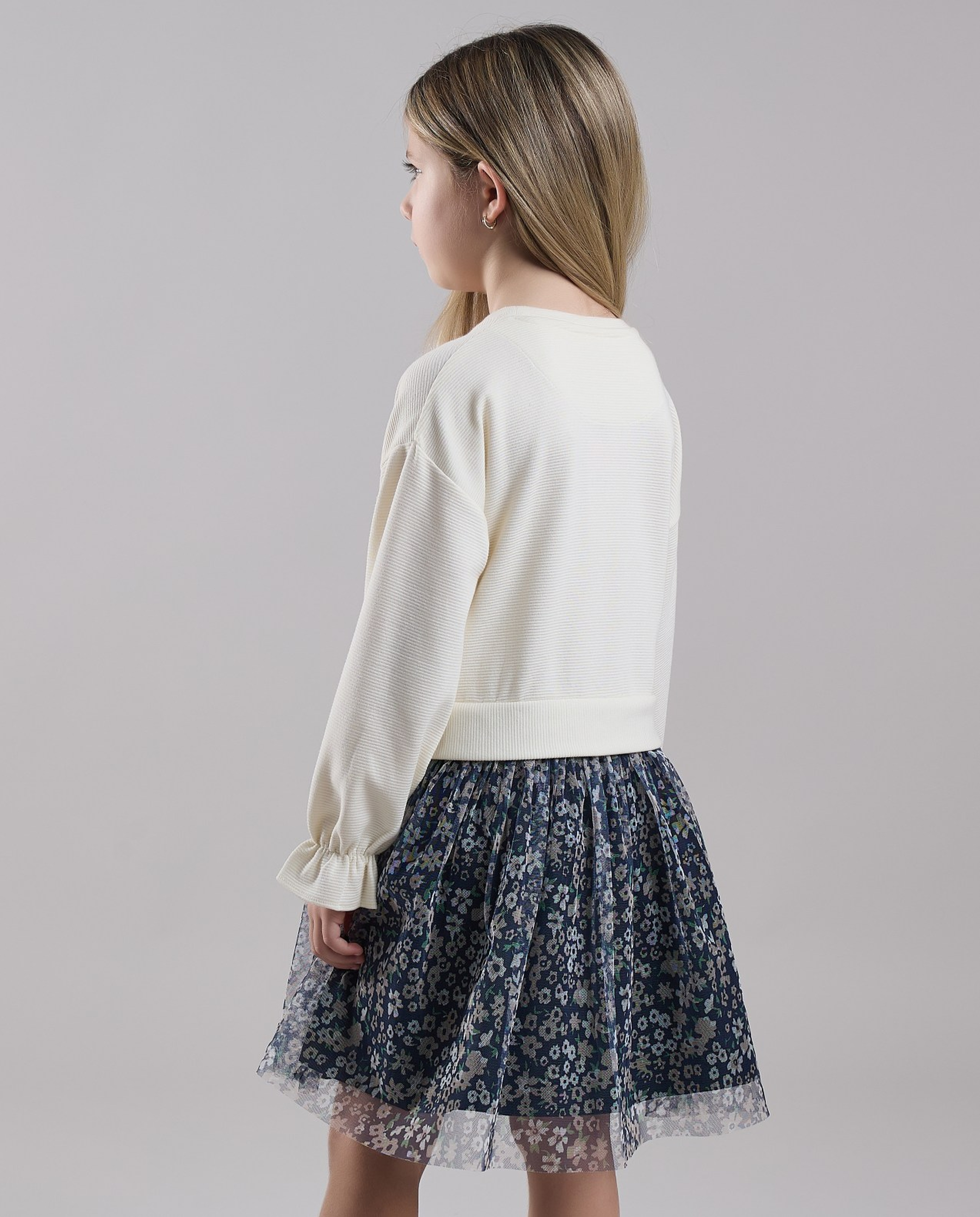 Printed Fit & Flare Dress with Crew Neck and Long Sleeves