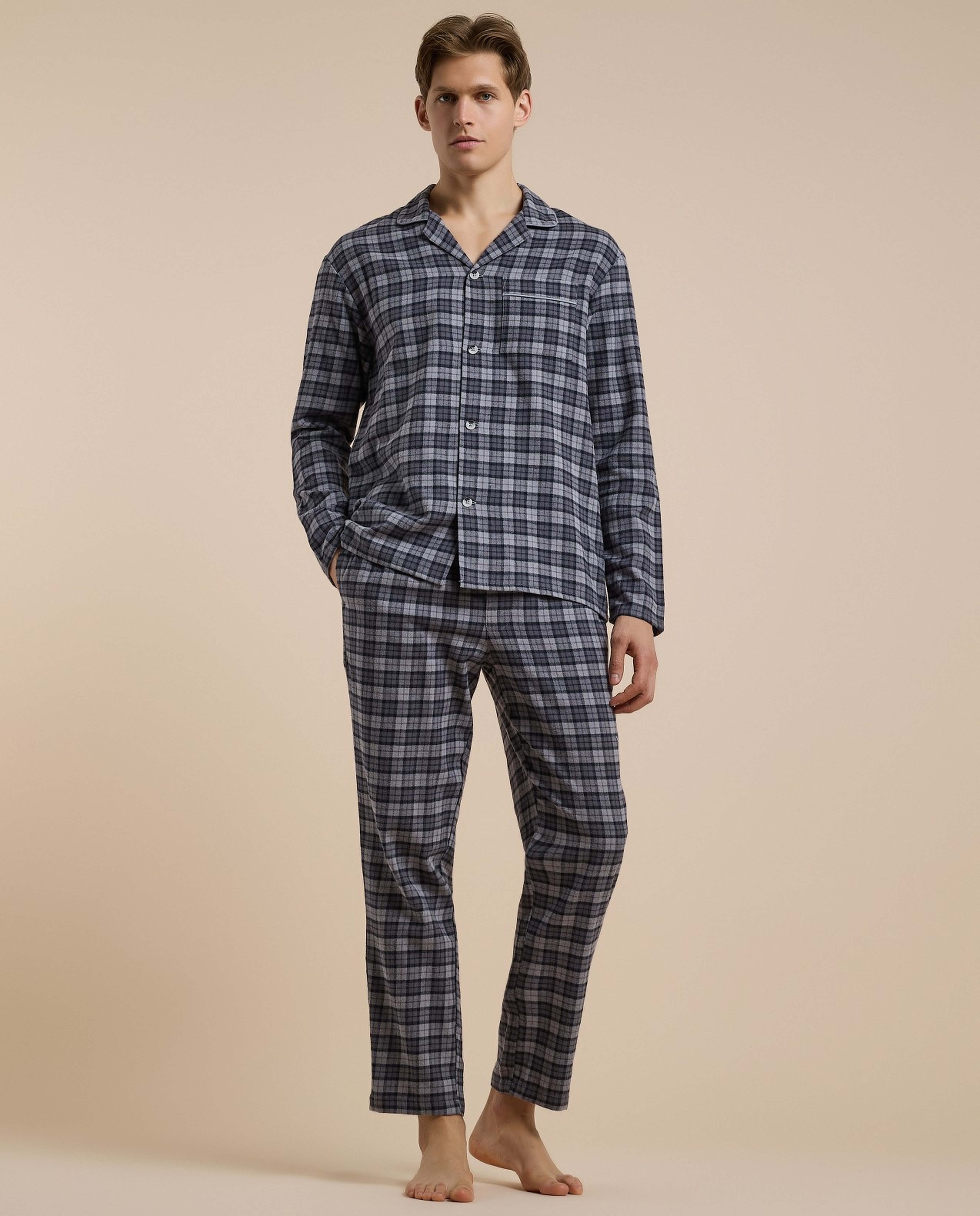 Plaid Lapel Collar Pyjama Set