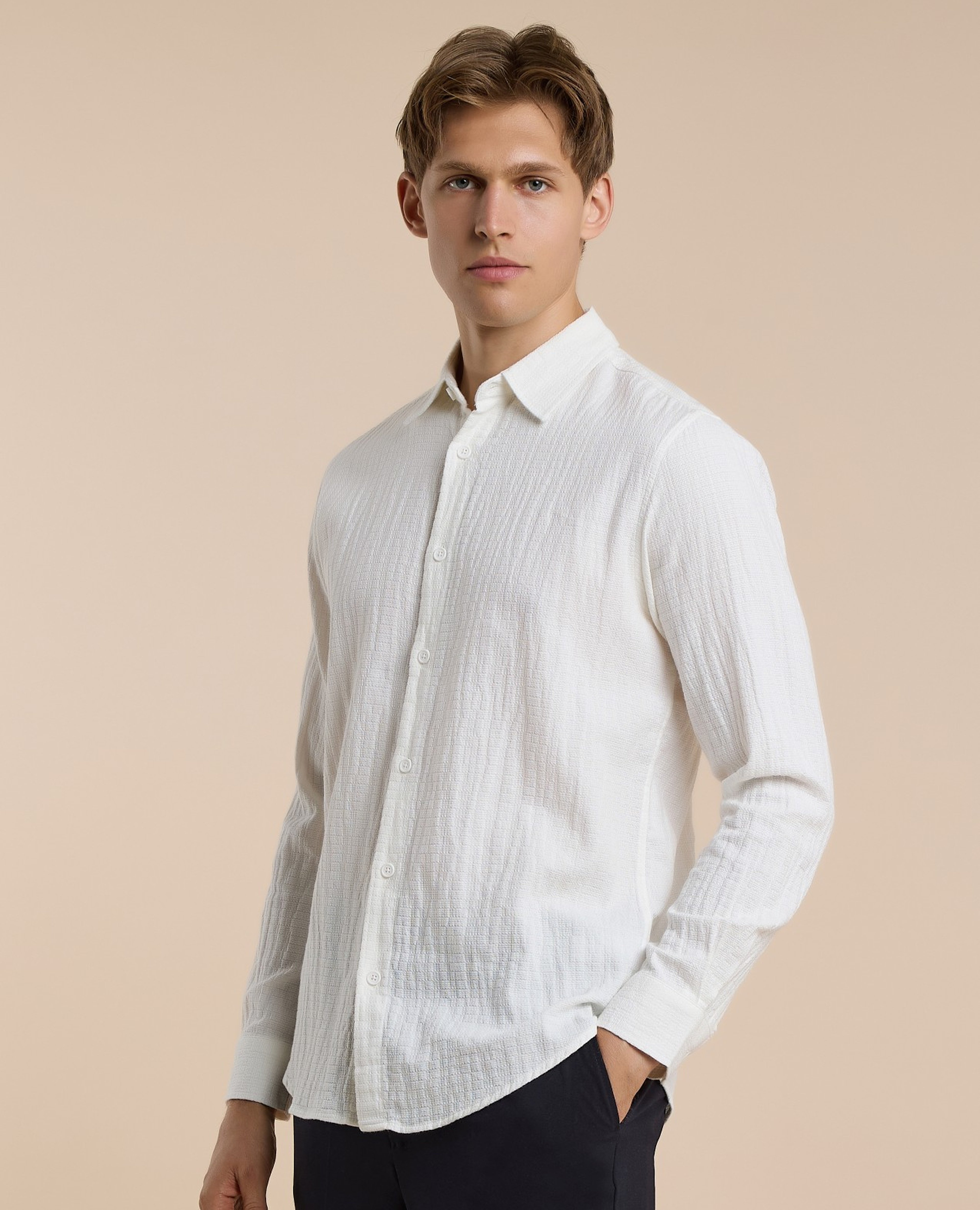 Crinkled Shirt with Classic Collar and Long Sleeves