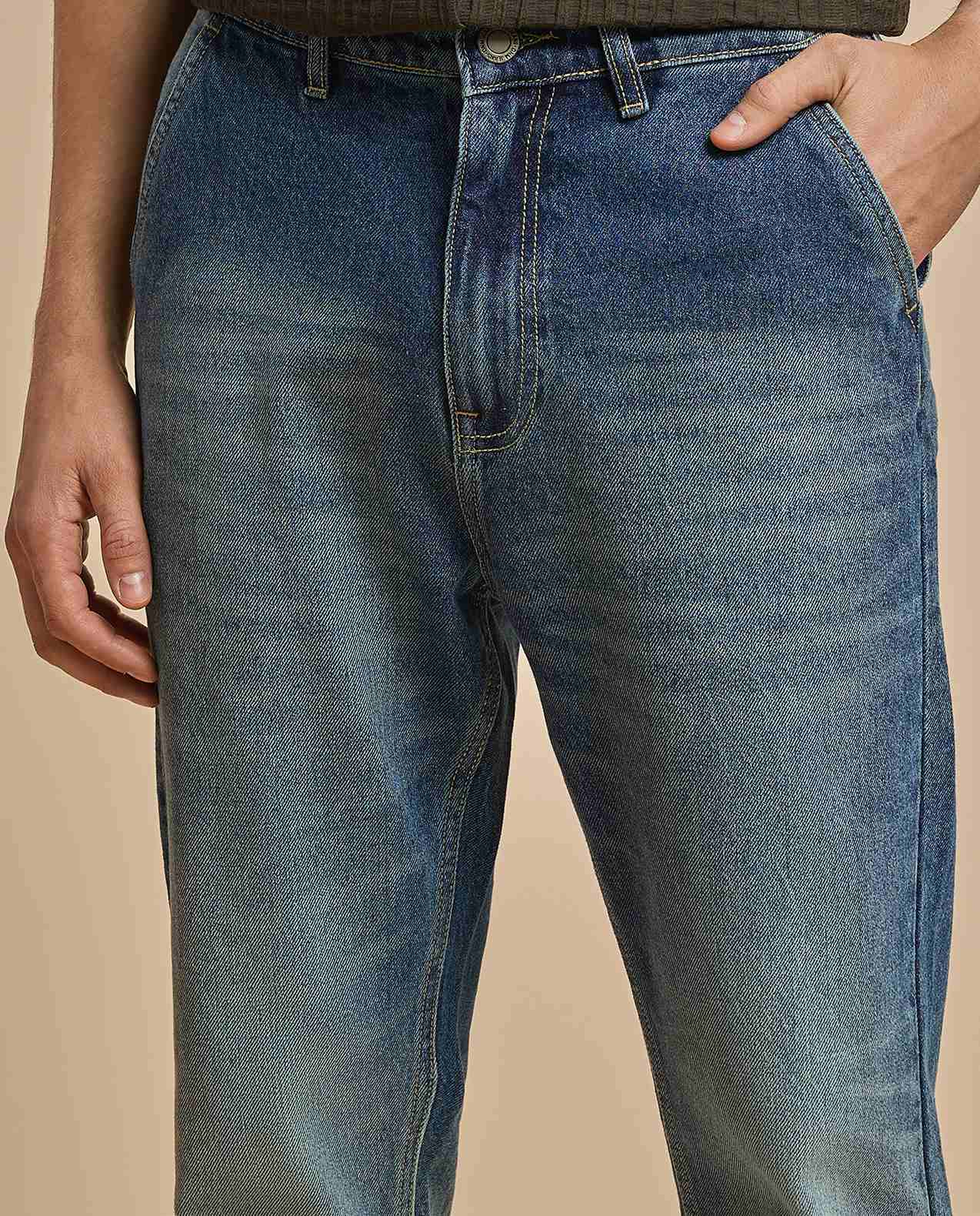 Faded Relaxed Fit Jeans with Button Closure