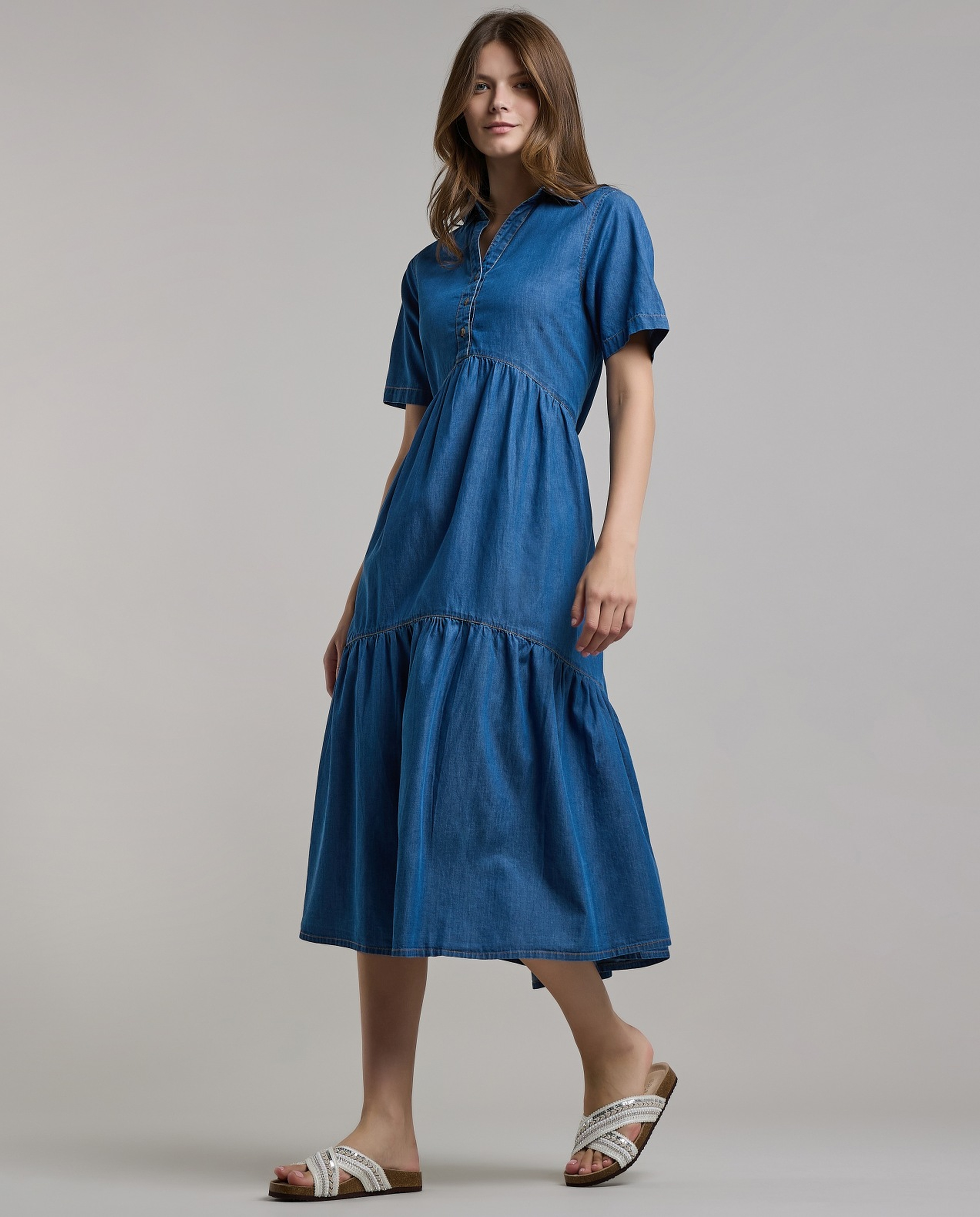 Washed Shirt Dress with Short Sleeves