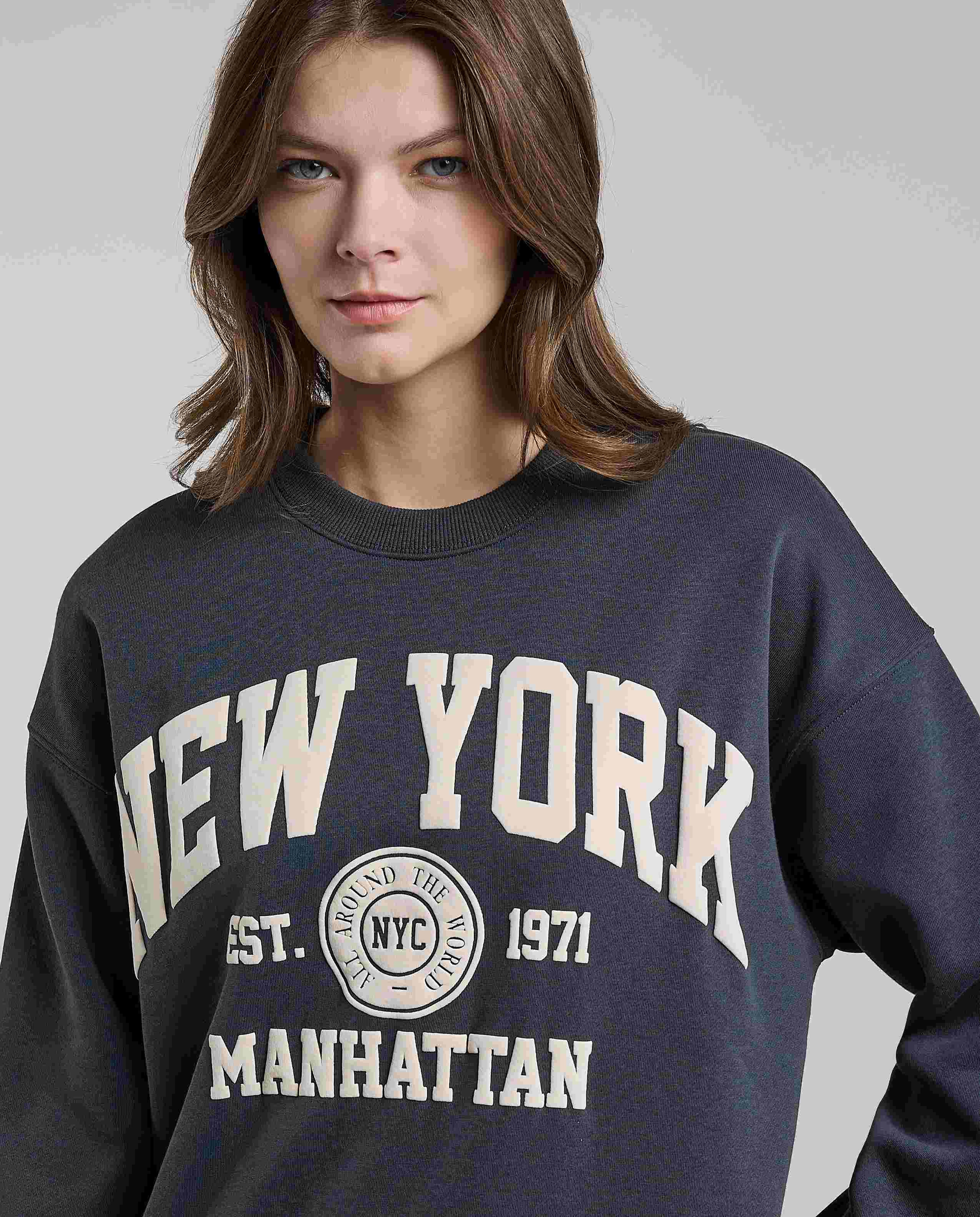 Typography Print Sweatshirt with Crew Neck and Long Sleeves