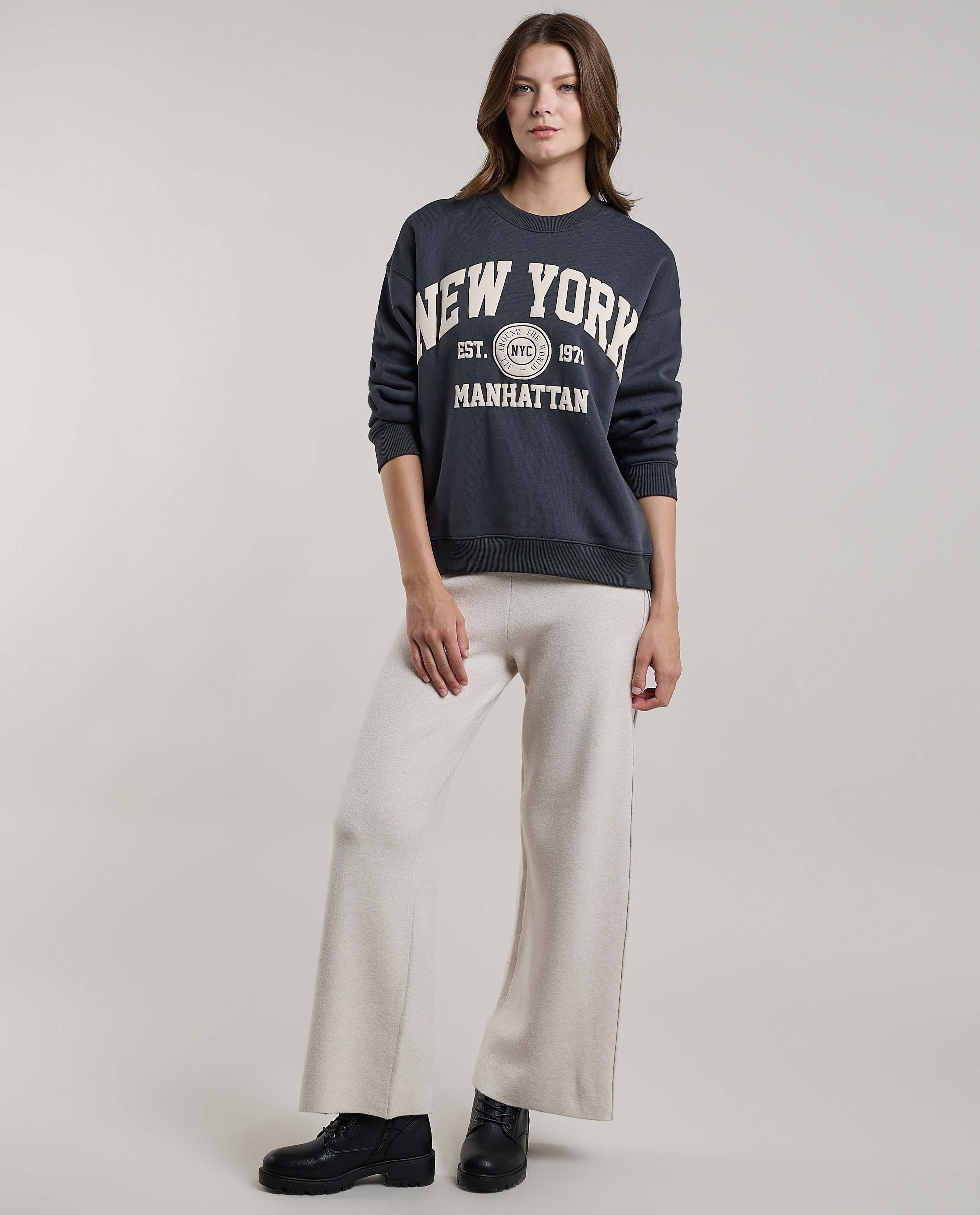 Typography Print Sweatshirt with Crew Neck and Long Sleeves