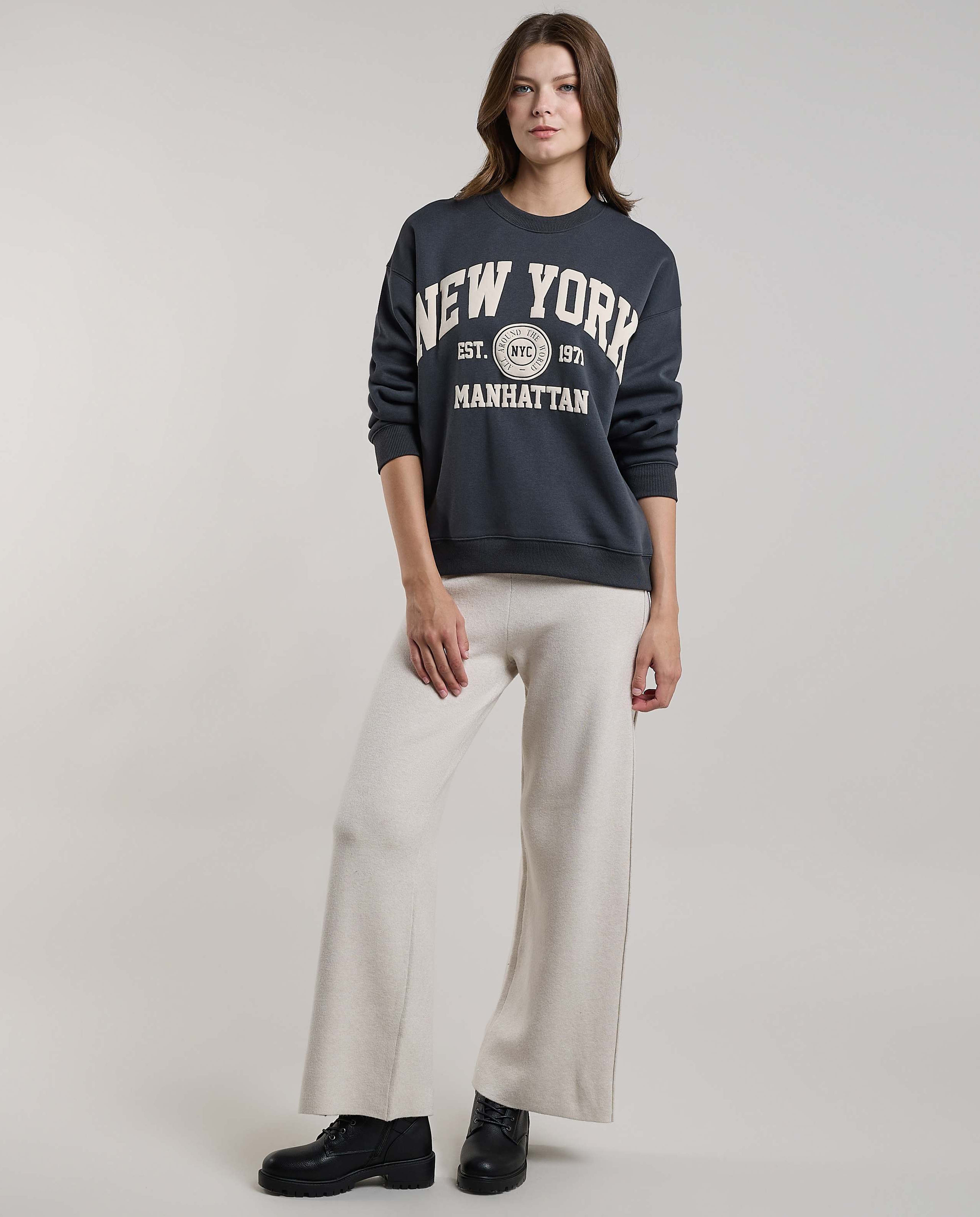 Typography Print Sweatshirt with Crew Neck and Long Sleeves