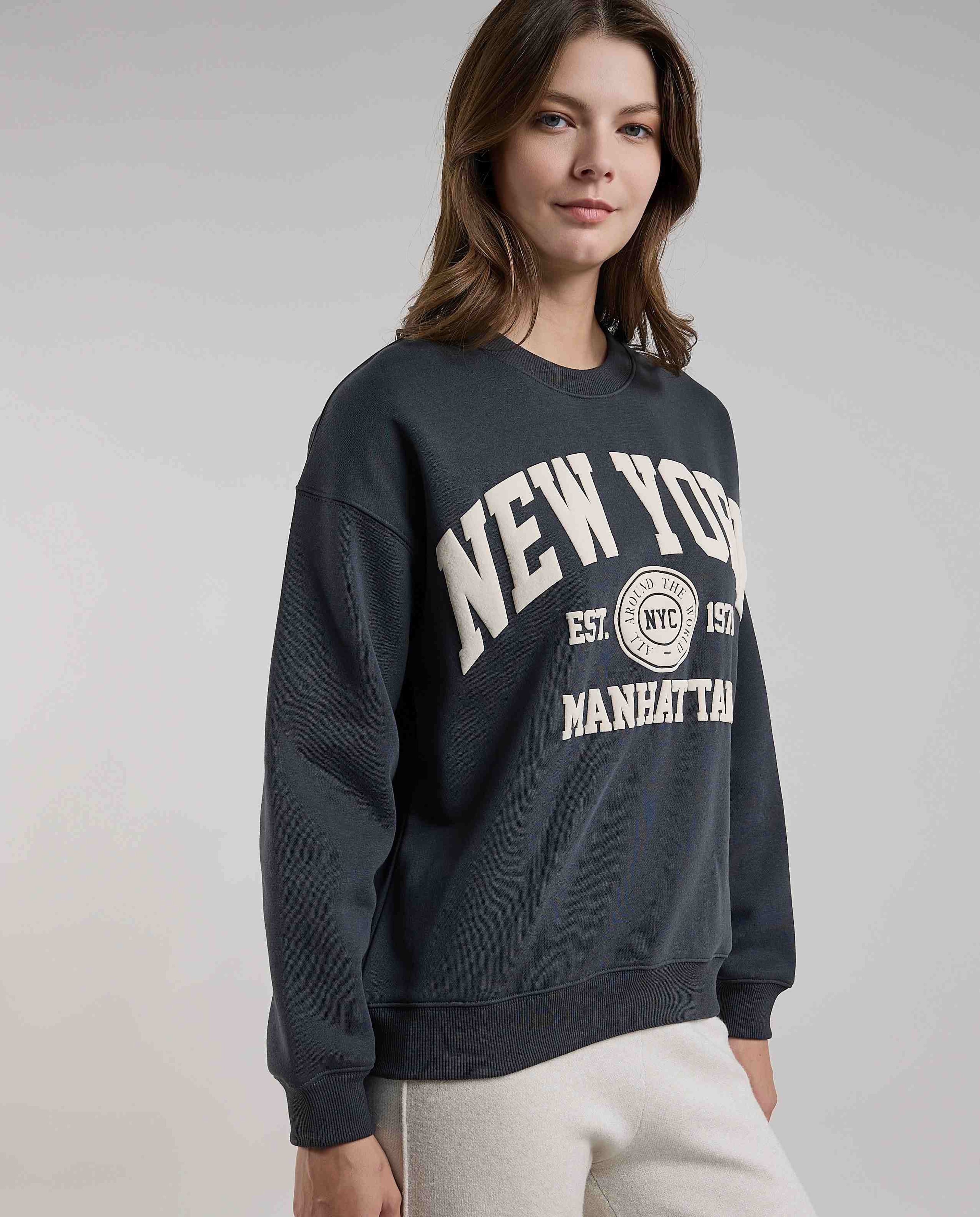 Typography Print Sweatshirt with Crew Neck and Long Sleeves