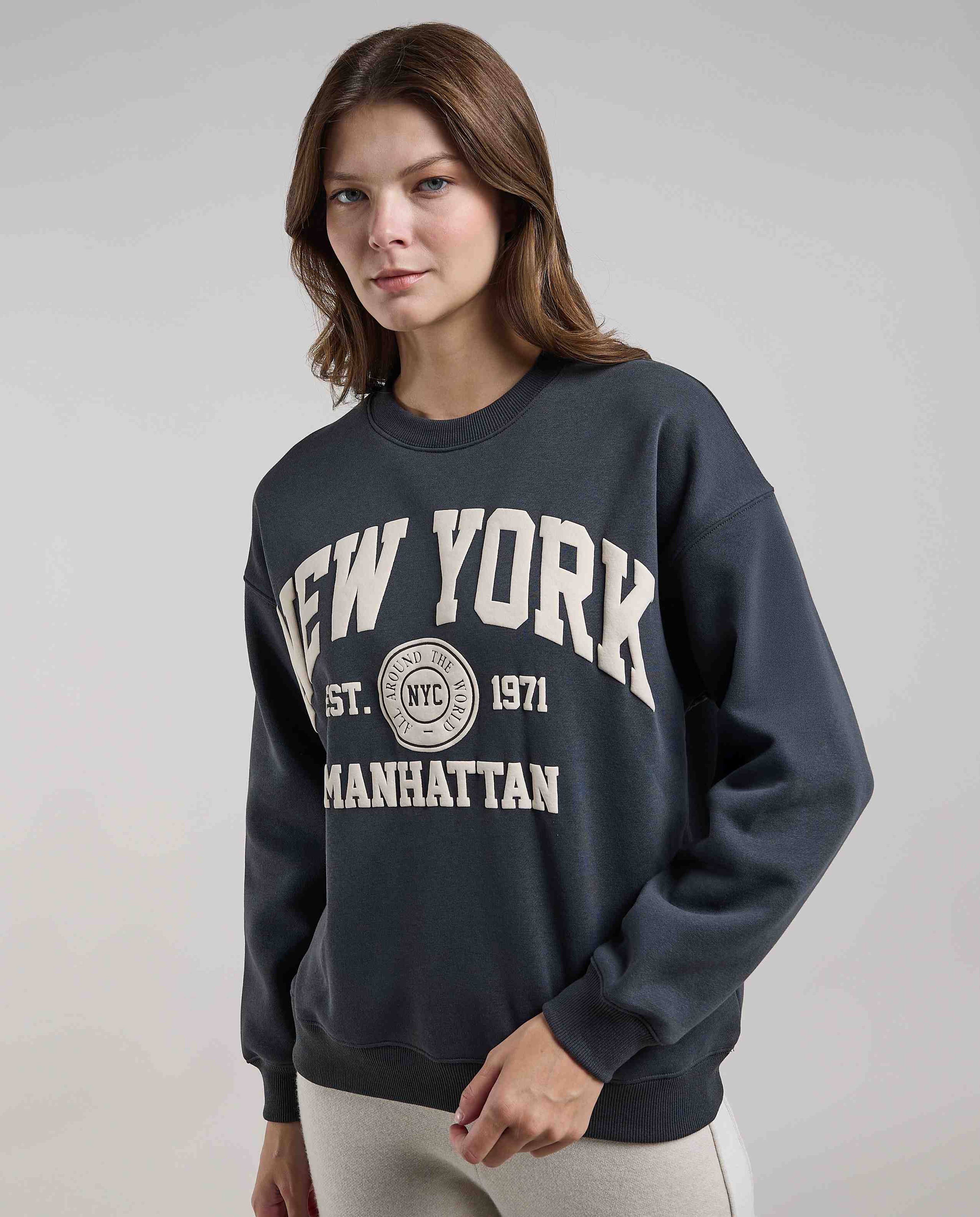 Typography Print Sweatshirt with Crew Neck and Long Sleeves
