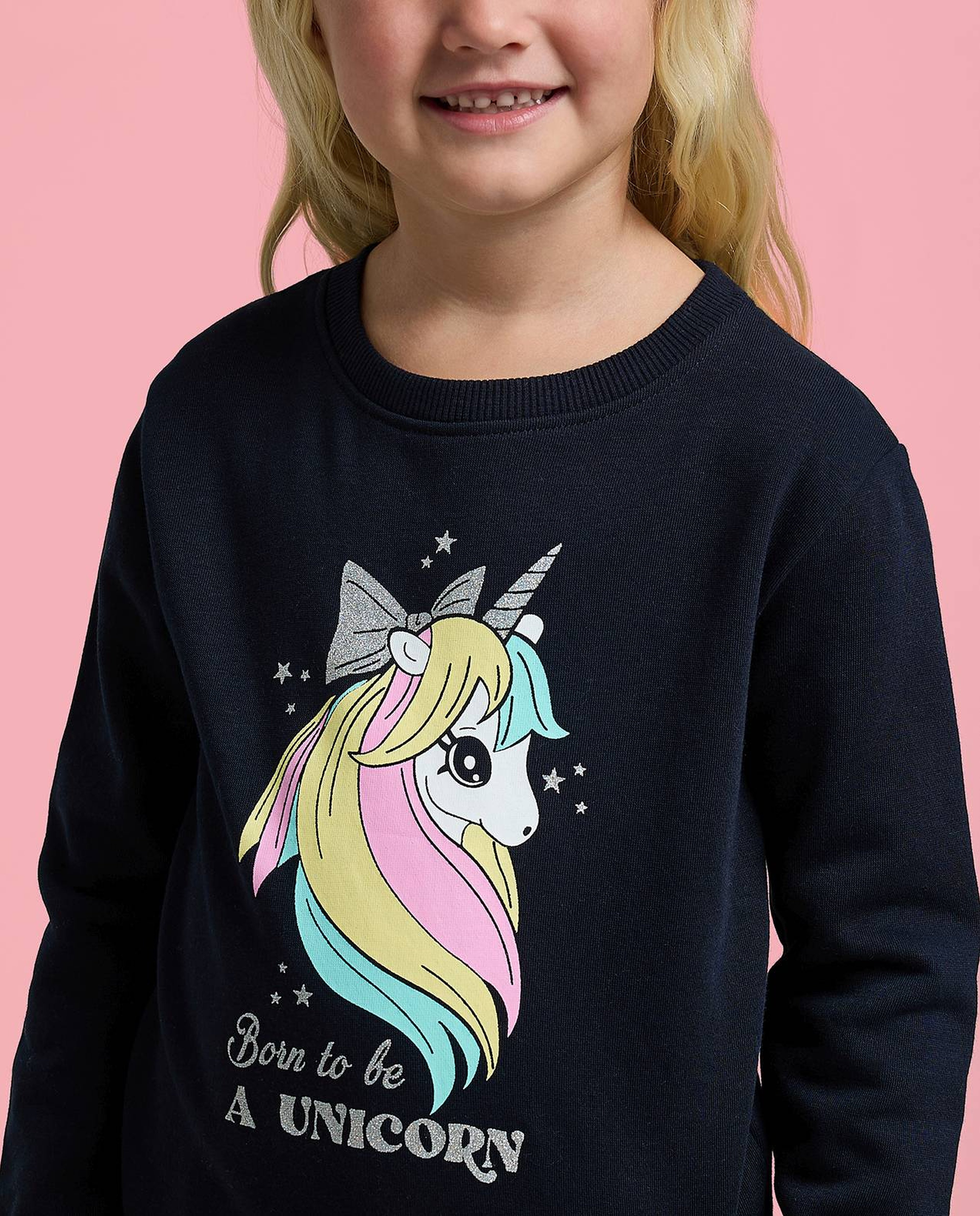 Unicorn Printed Sweatshirt with Crew Neck and Long Sleeves