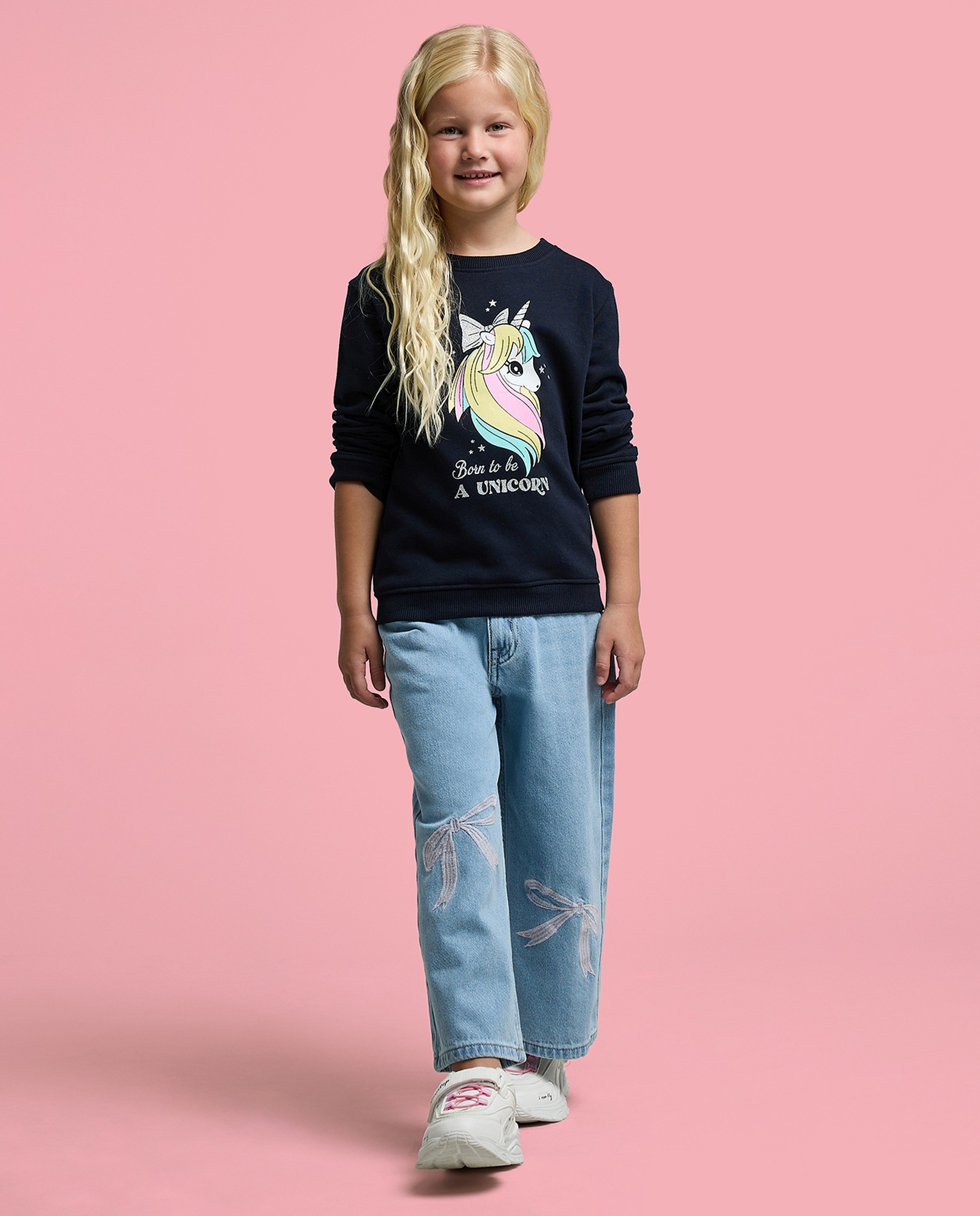 Unicorn Printed Sweatshirt with Crew Neck and Long Sleeves