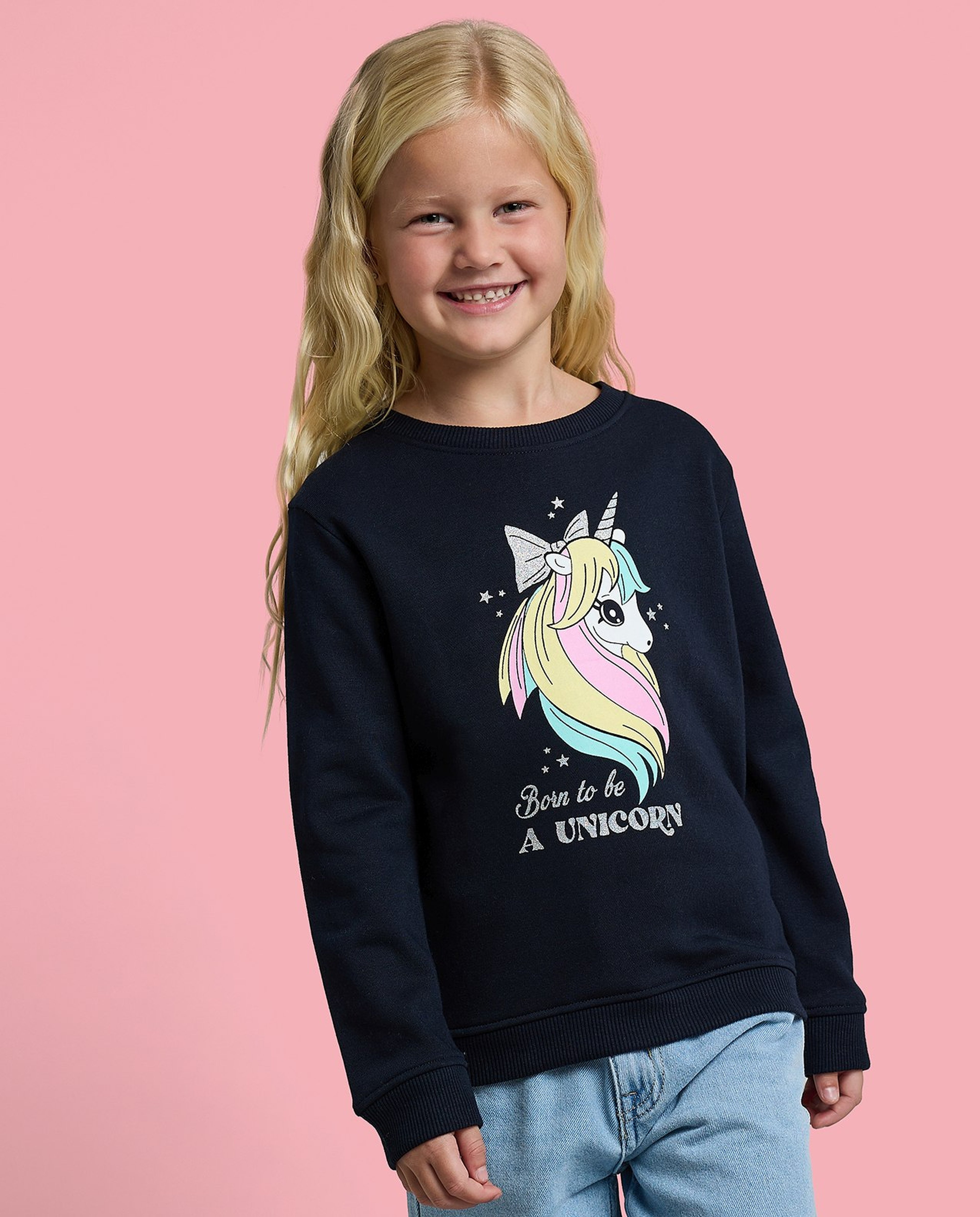 Unicorn Printed Sweatshirt with Crew Neck and Long Sleeves