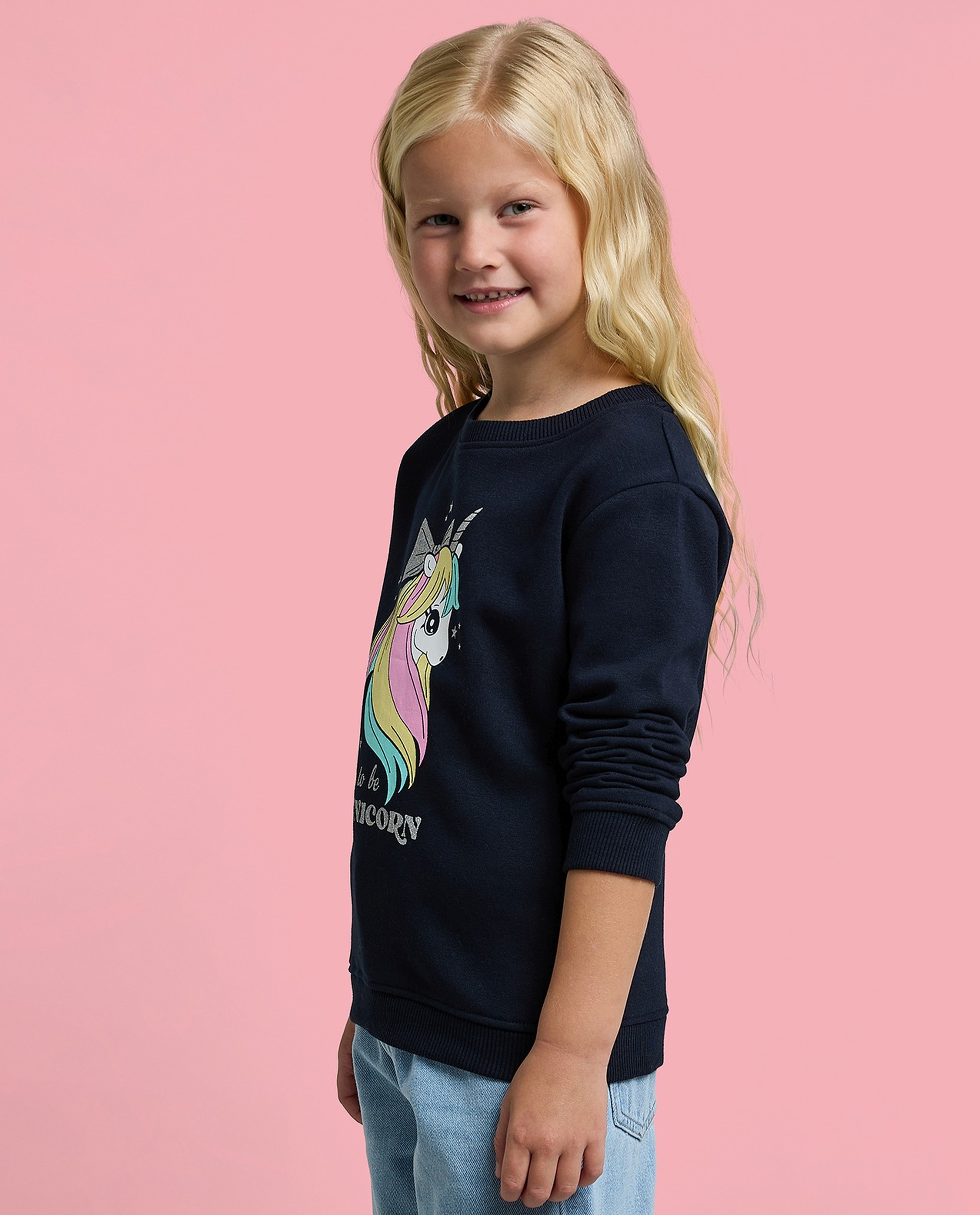 Unicorn Printed Sweatshirt with Crew Neck and Long Sleeves