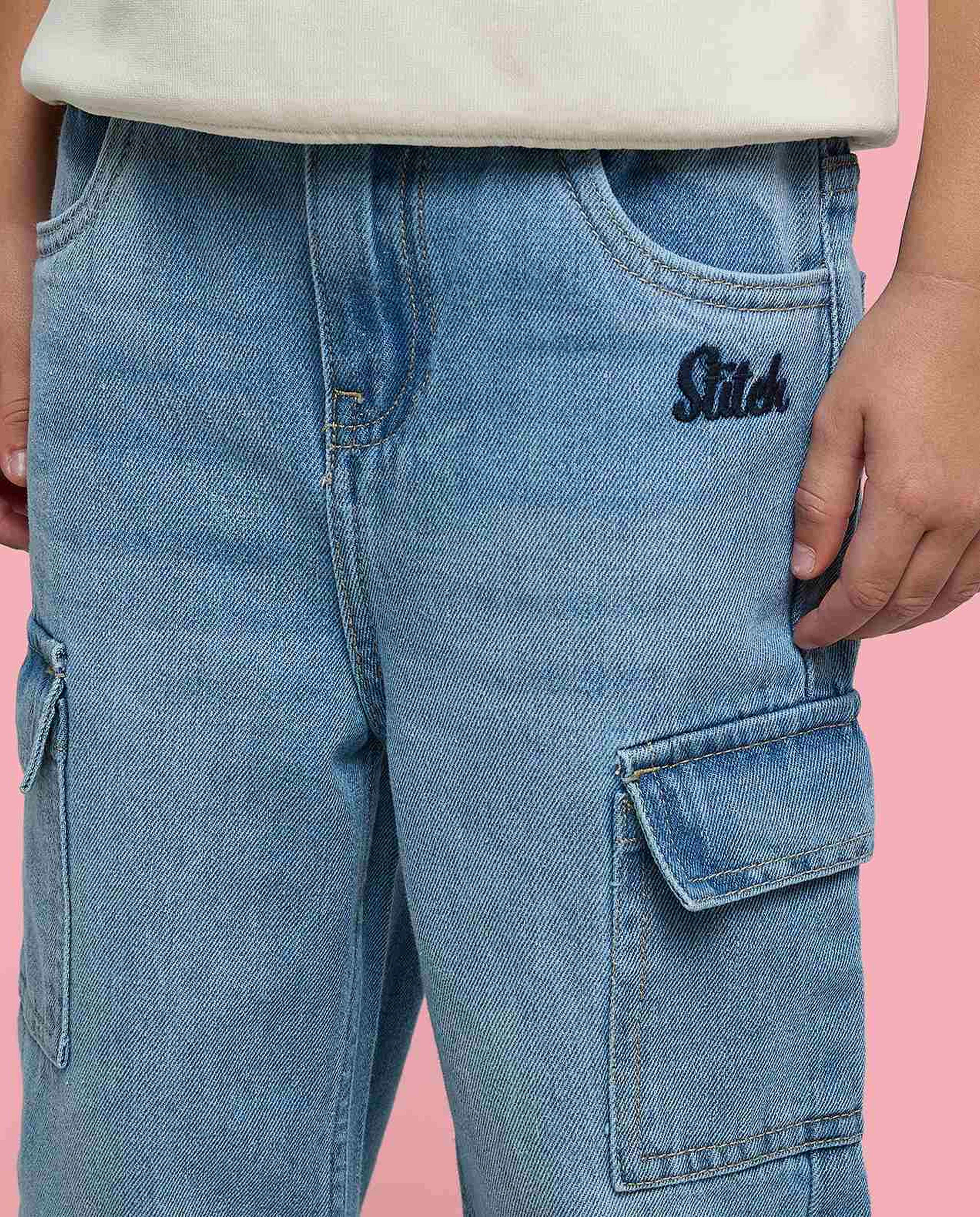 Faded Cargo Jeans with Button Closure