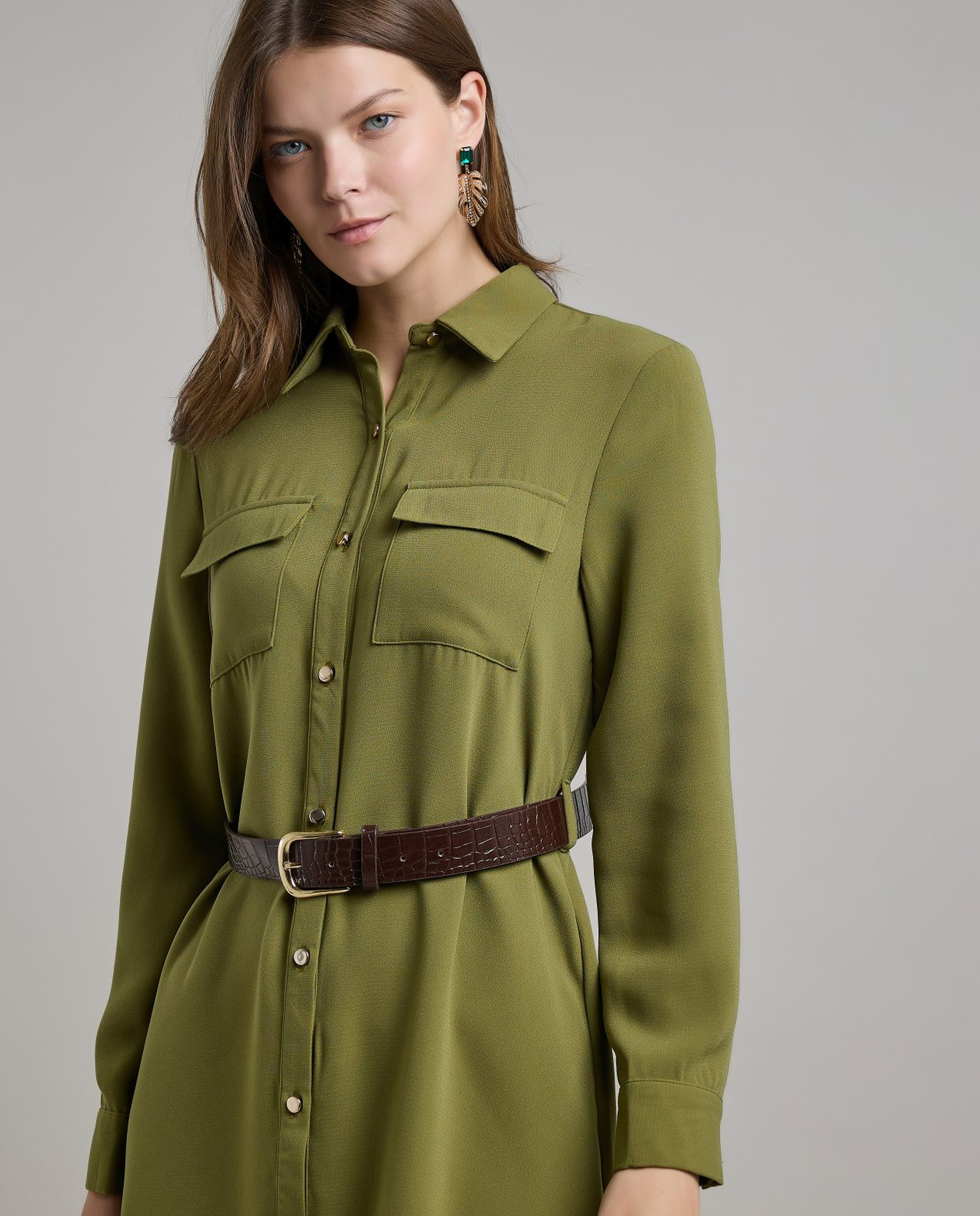 Solid Belted Shirt Dress with Long Sleeves