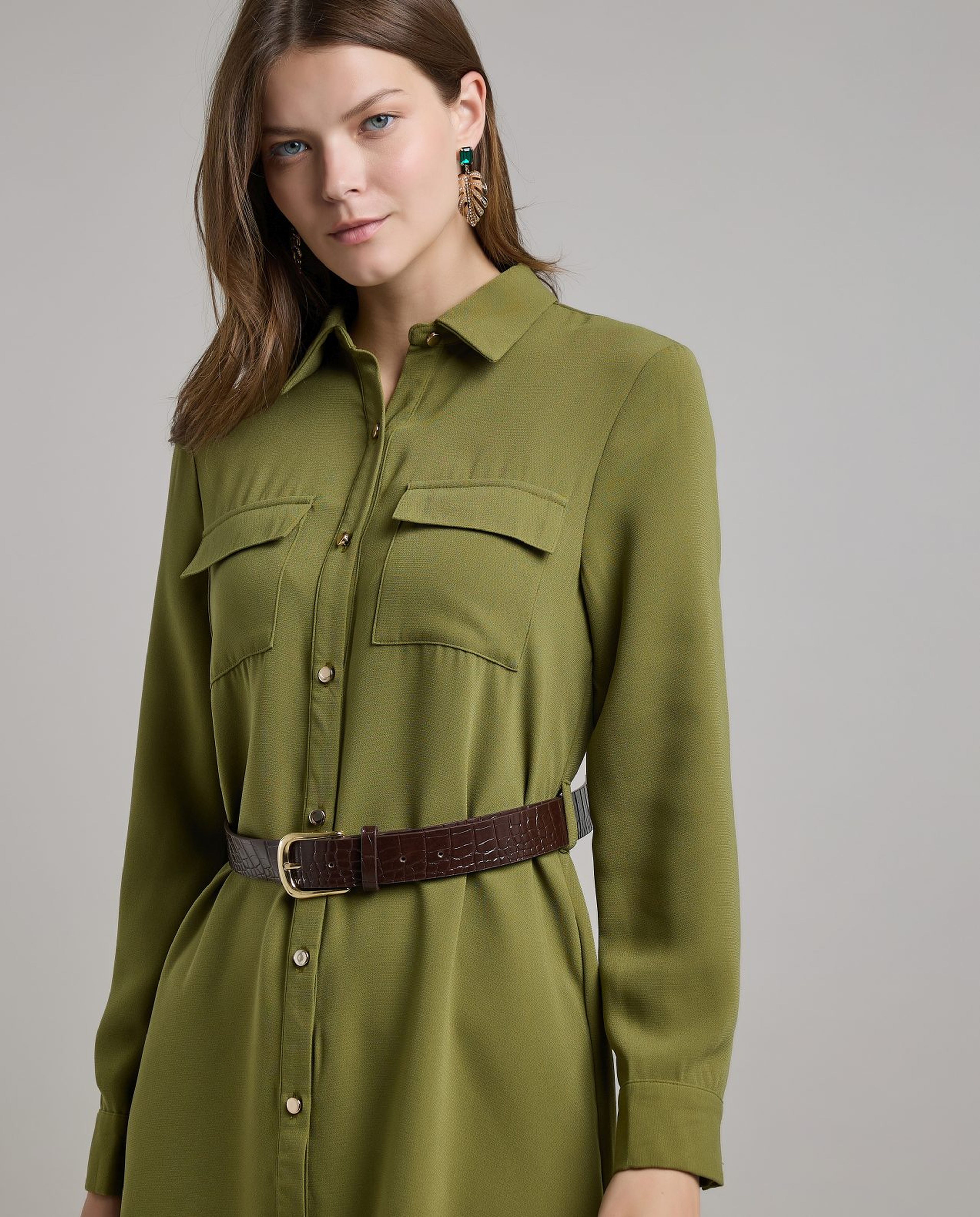 Solid Belted Shirt Dress with Long Sleeves