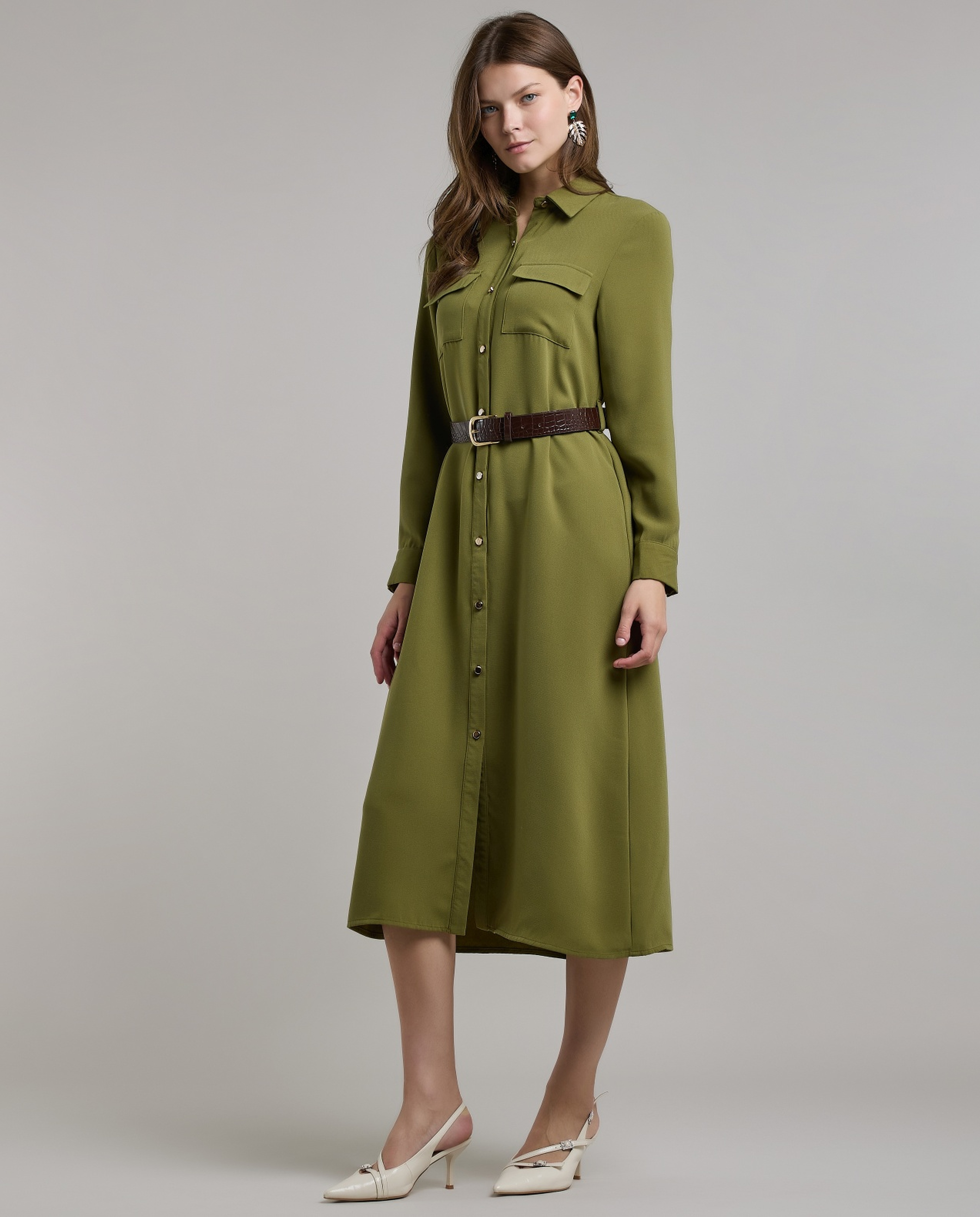 Solid Belted Shirt Dress with Long Sleeves