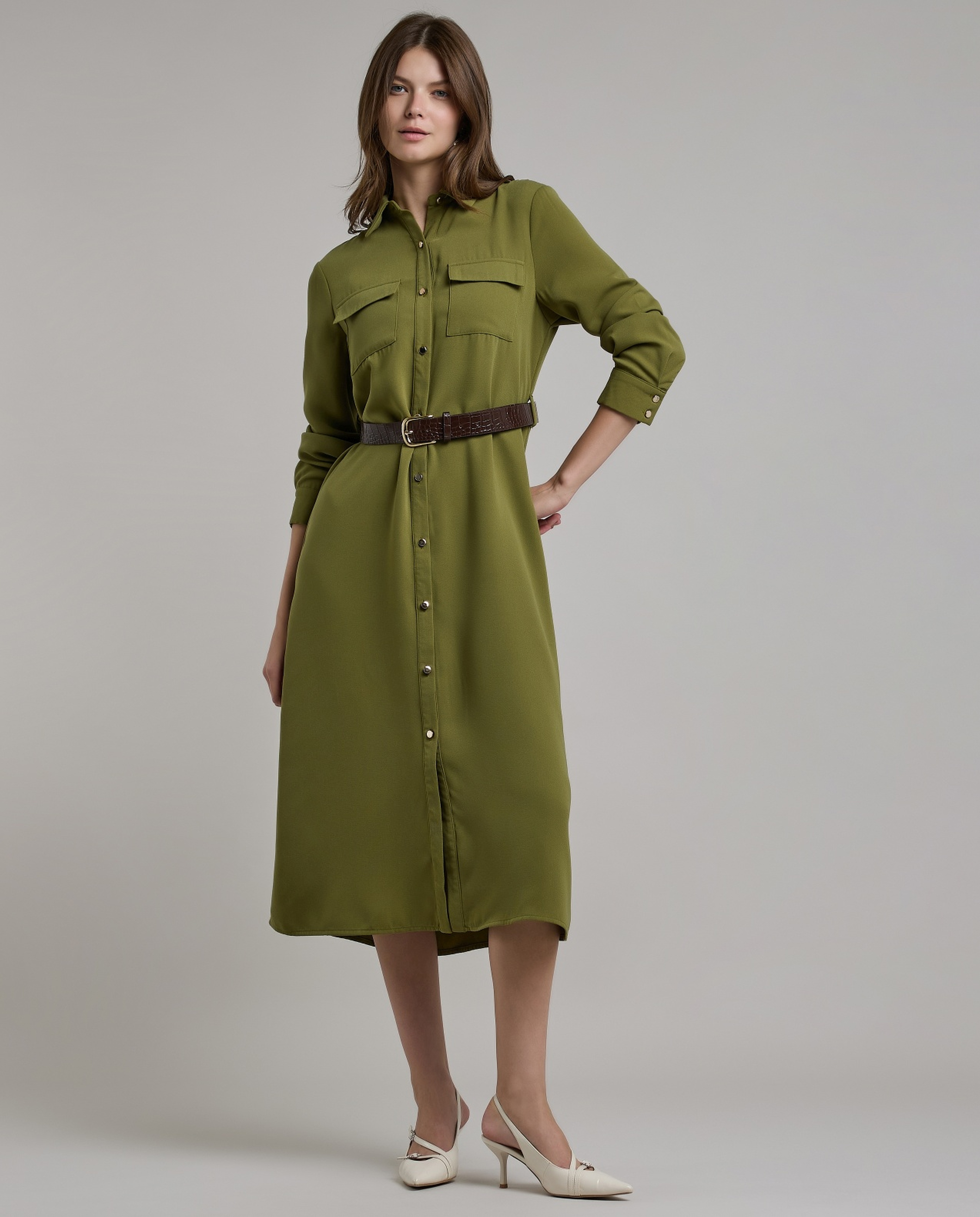 Solid Belted Shirt Dress with Long Sleeves