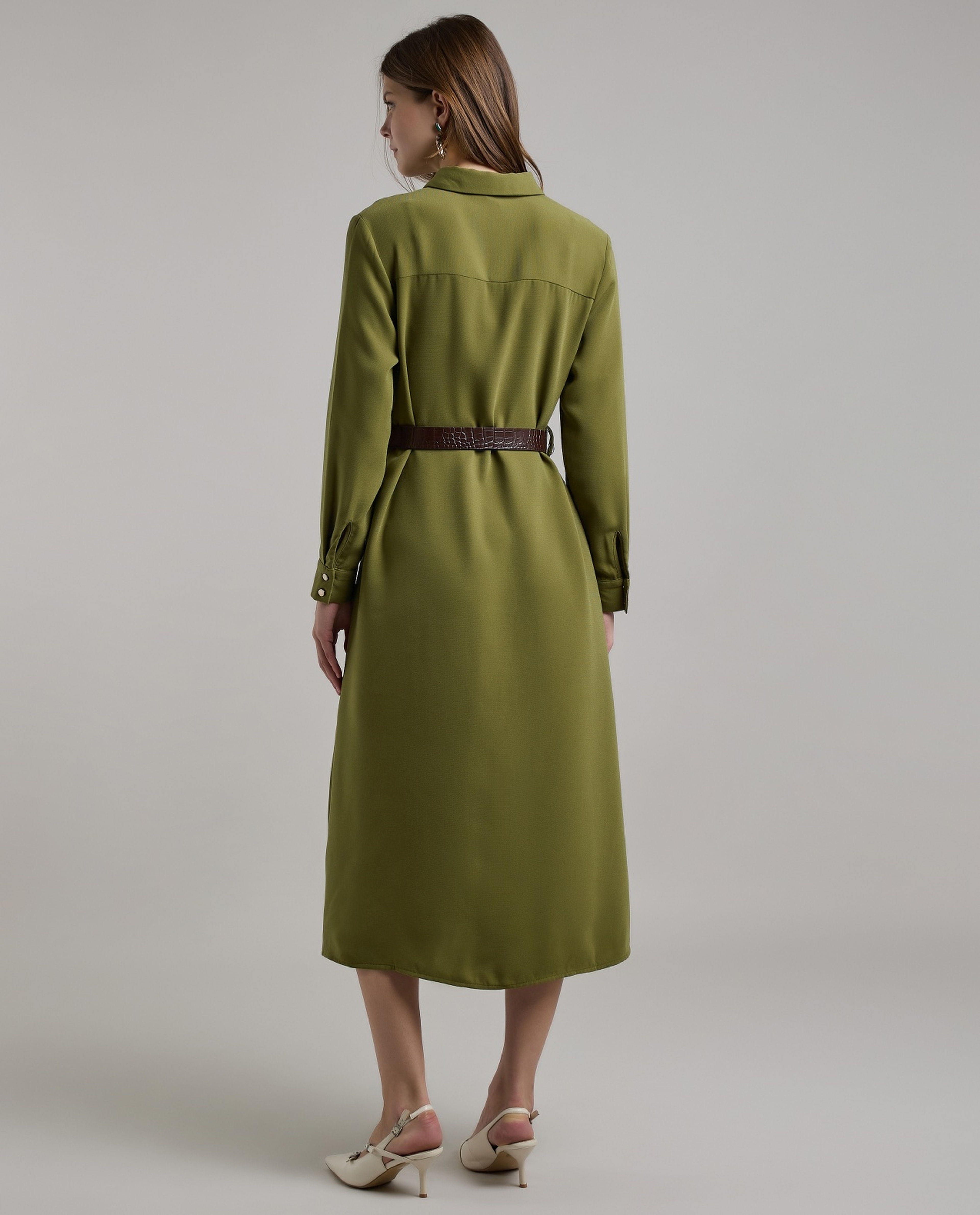 Solid Belted Shirt Dress with Long Sleeves