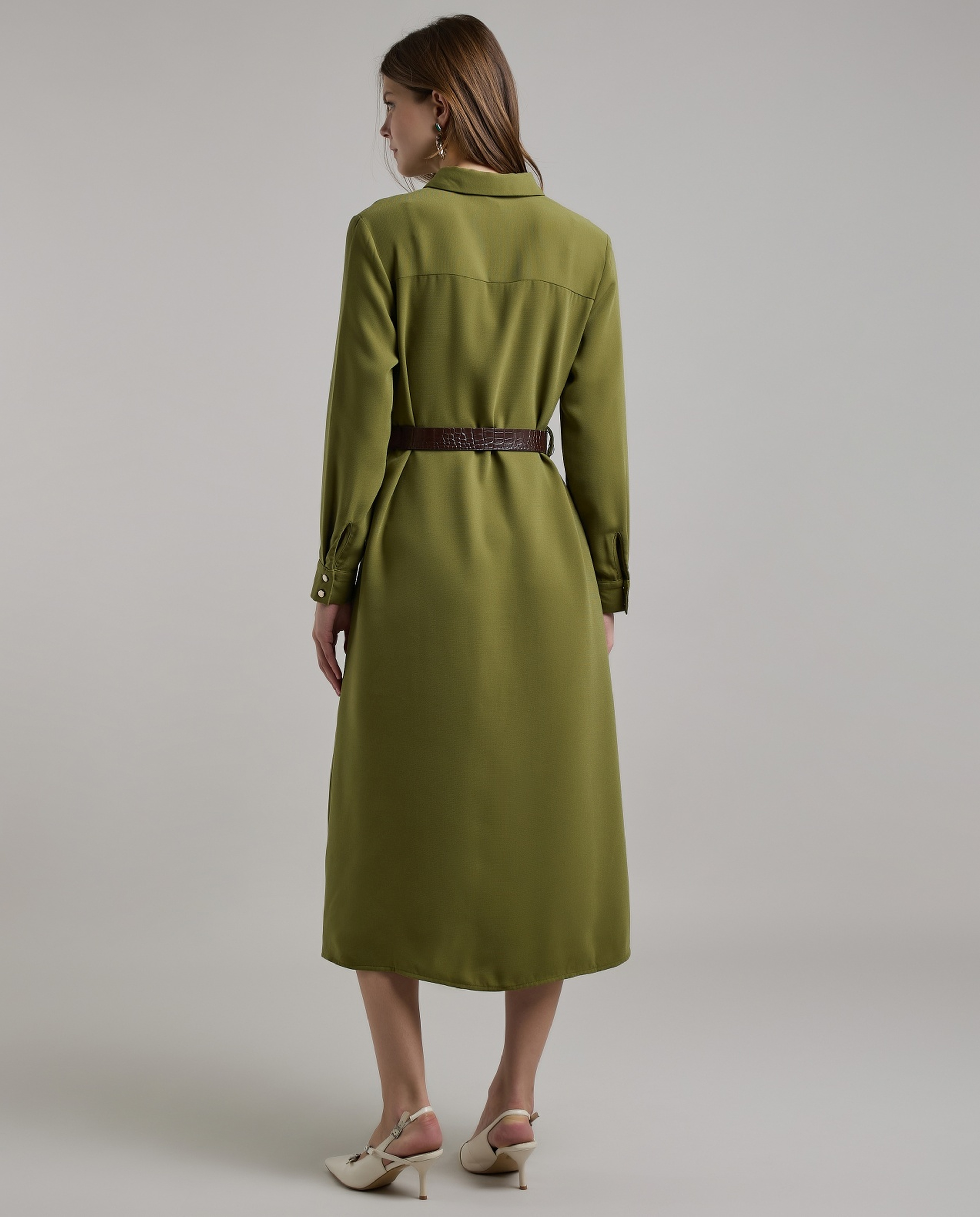 Solid Belted Shirt Dress with Long Sleeves