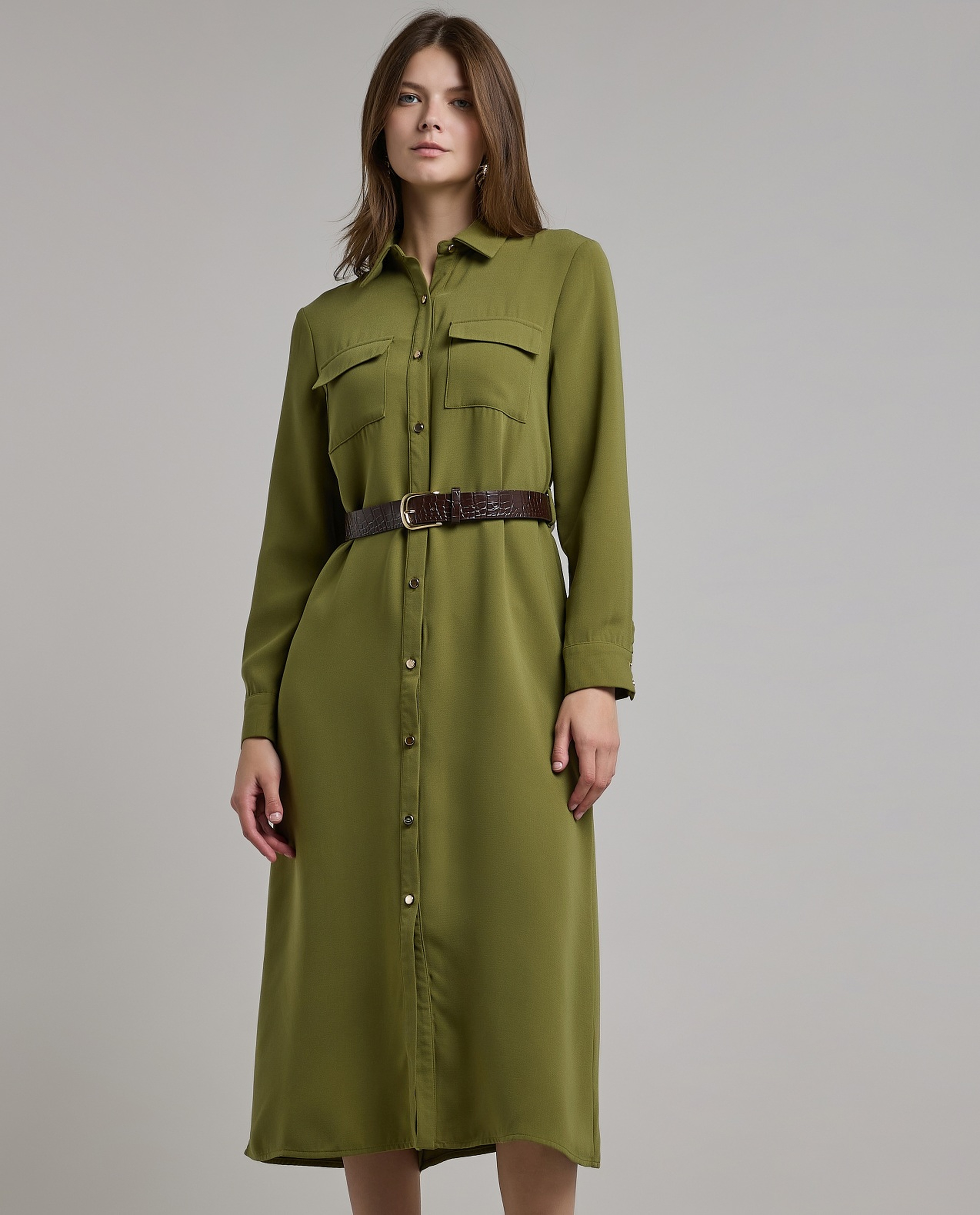 Solid Belted Shirt Dress with Long Sleeves