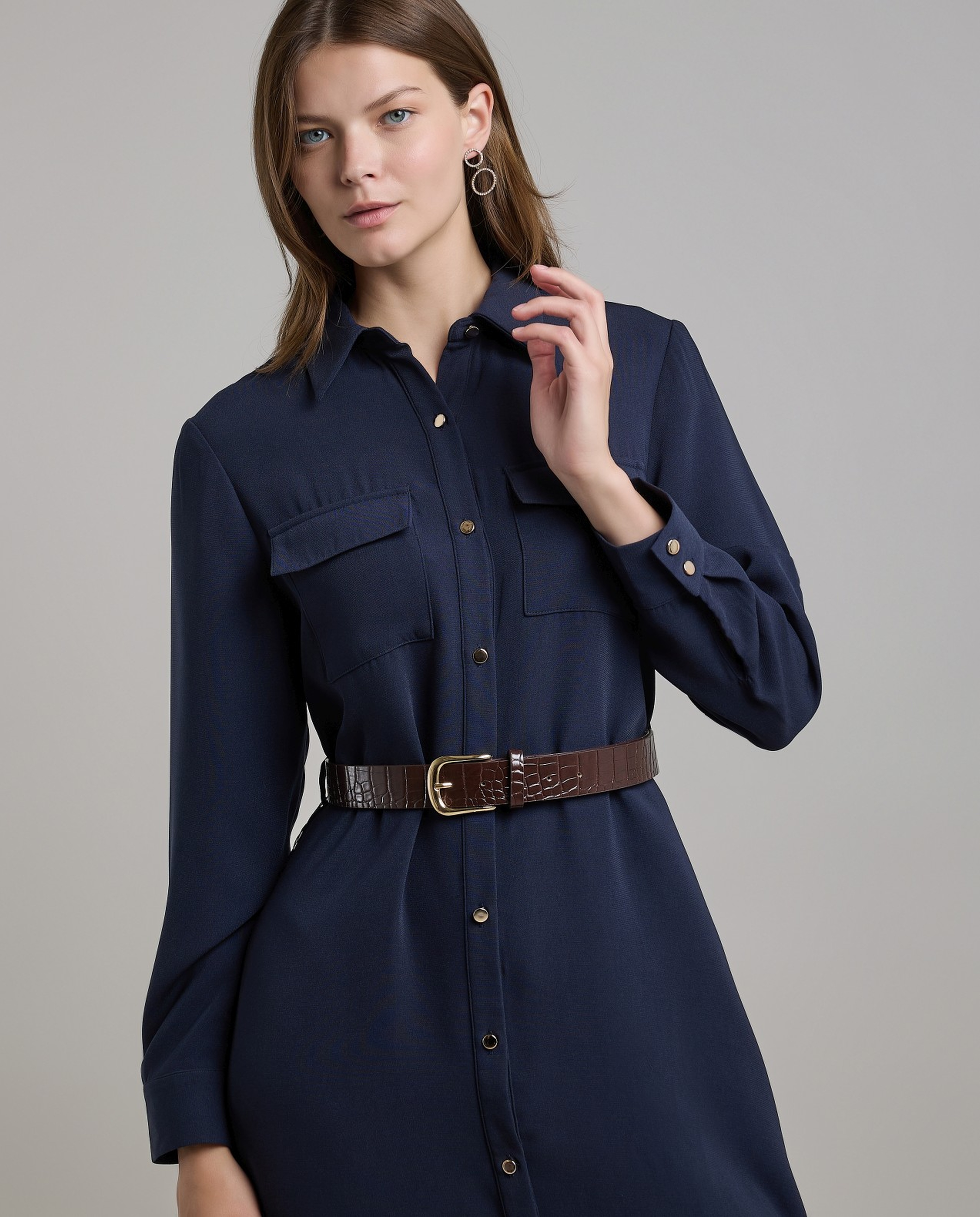 Solid Belted Shirt Dress with Long Sleeves