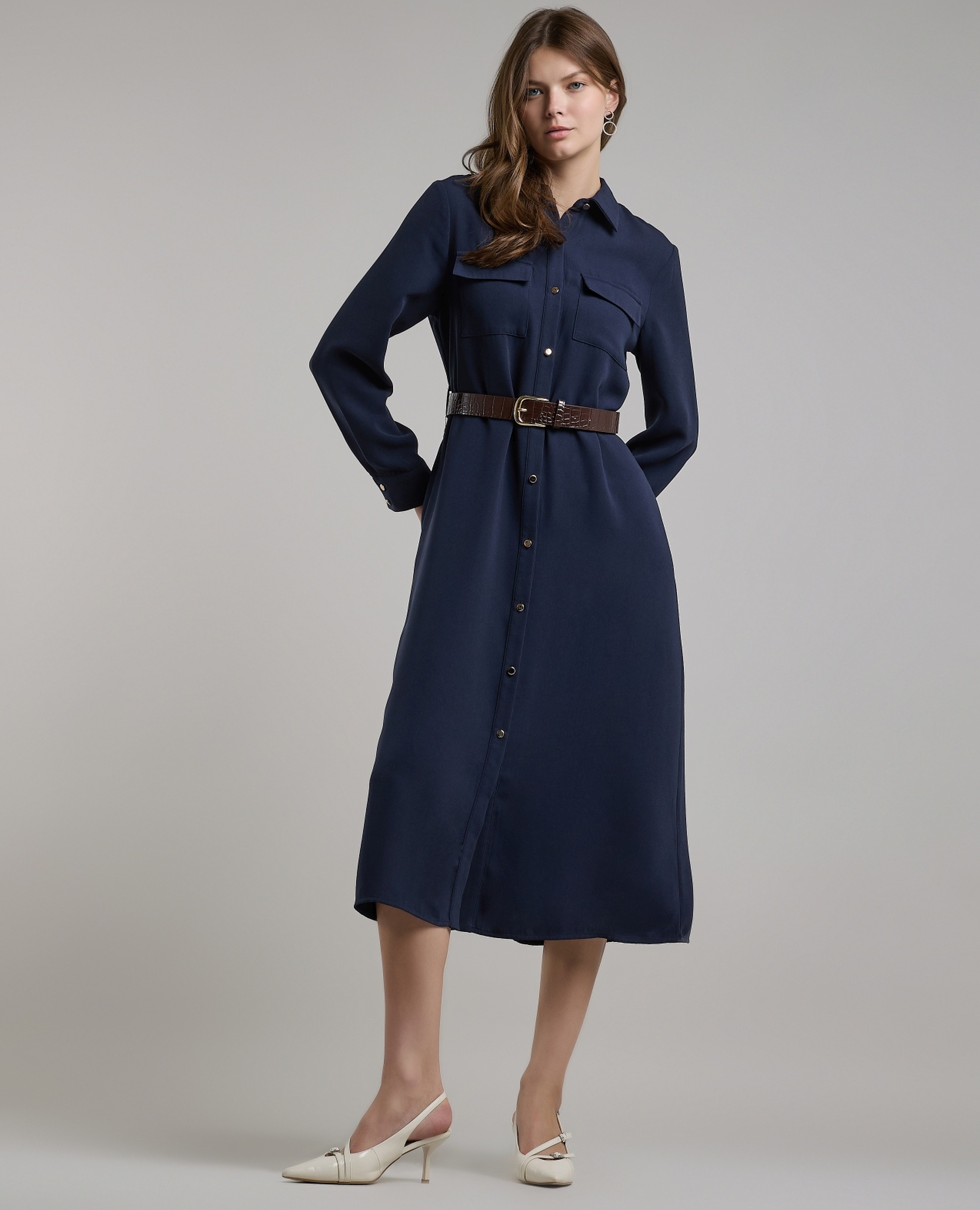 Solid Belted Shirt Dress with Long Sleeves