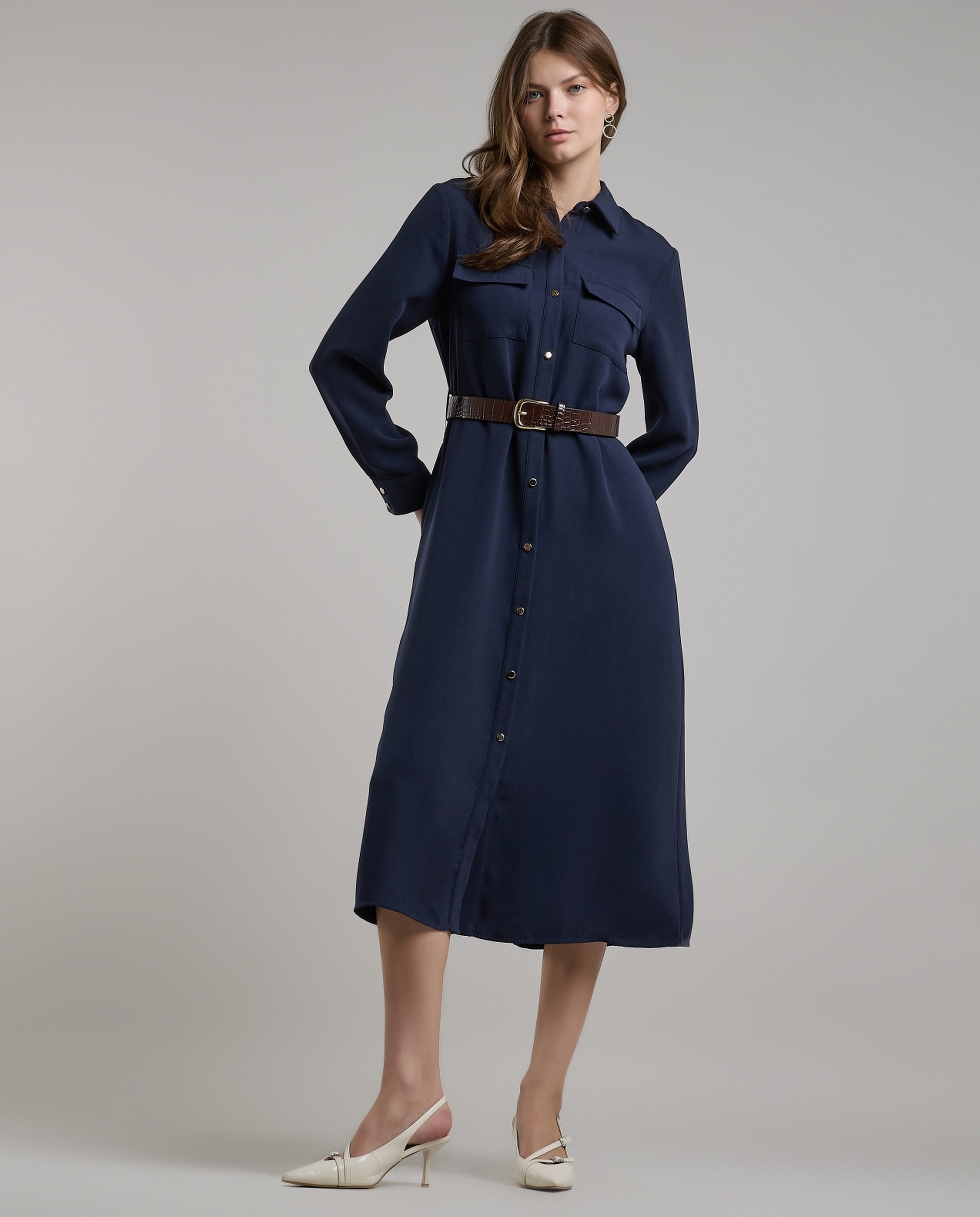 Solid Belted Shirt Dress with Long Sleeves