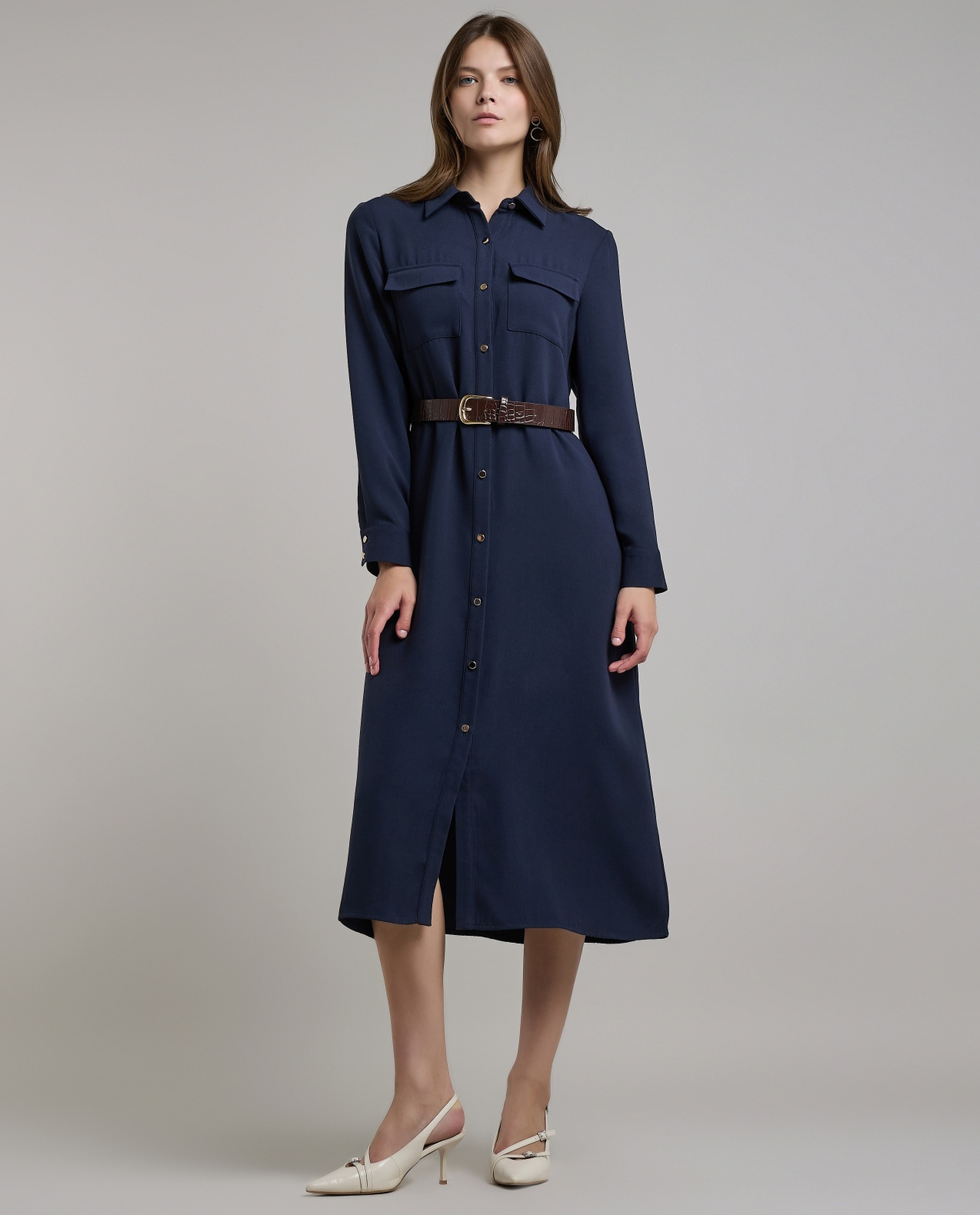 Solid Belted Shirt Dress with Long Sleeves