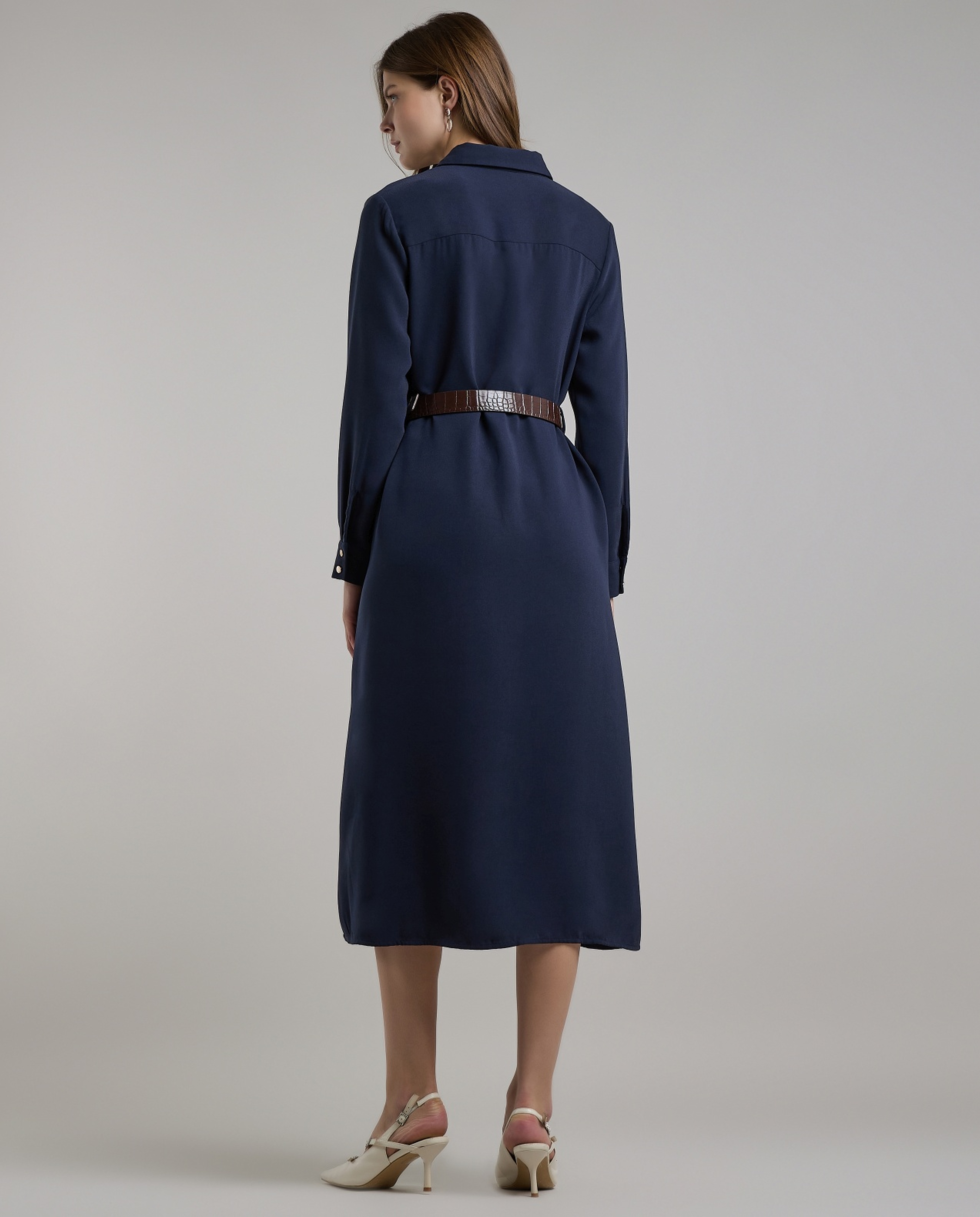 Solid Belted Shirt Dress with Long Sleeves