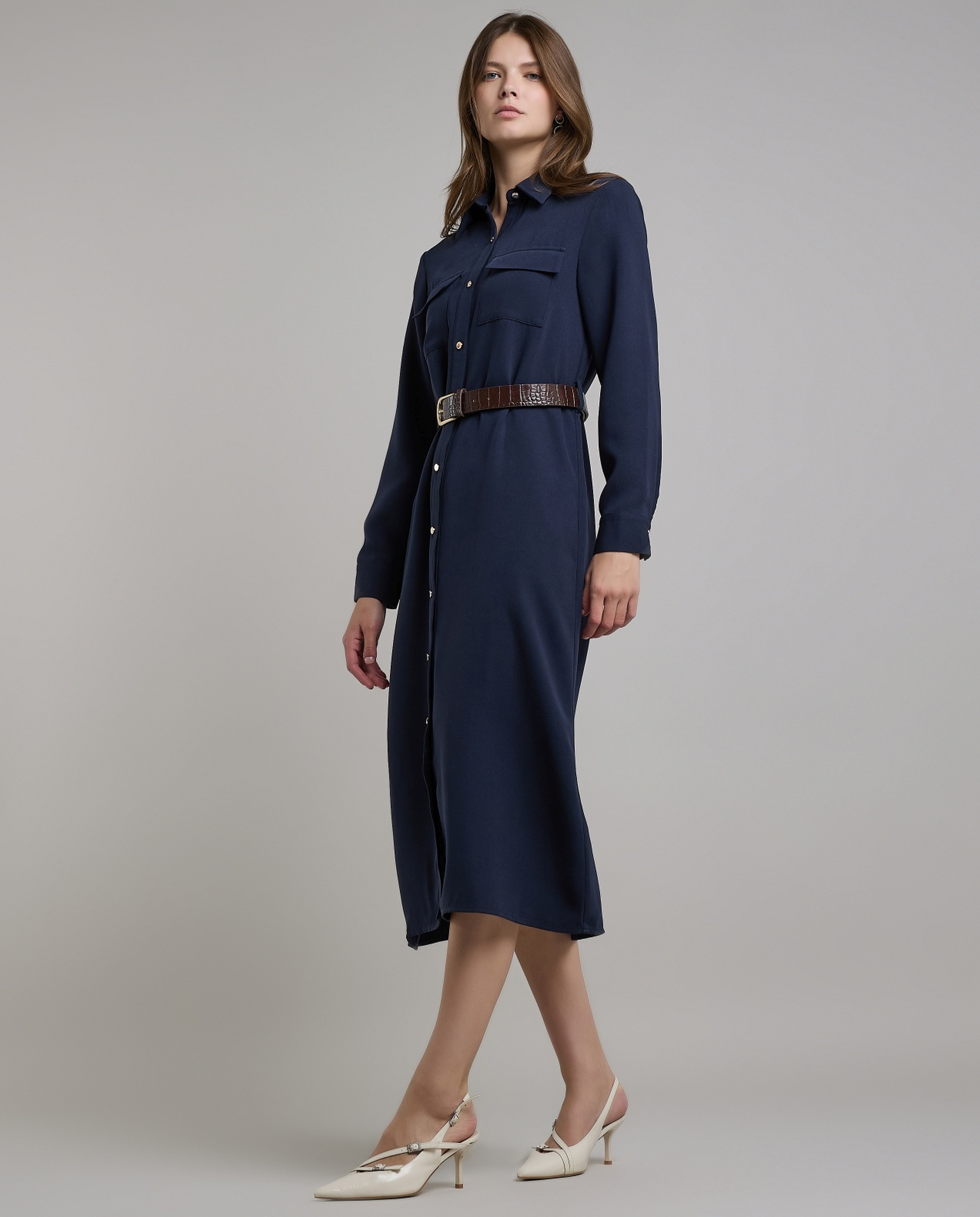 Solid Belted Shirt Dress with Long Sleeves