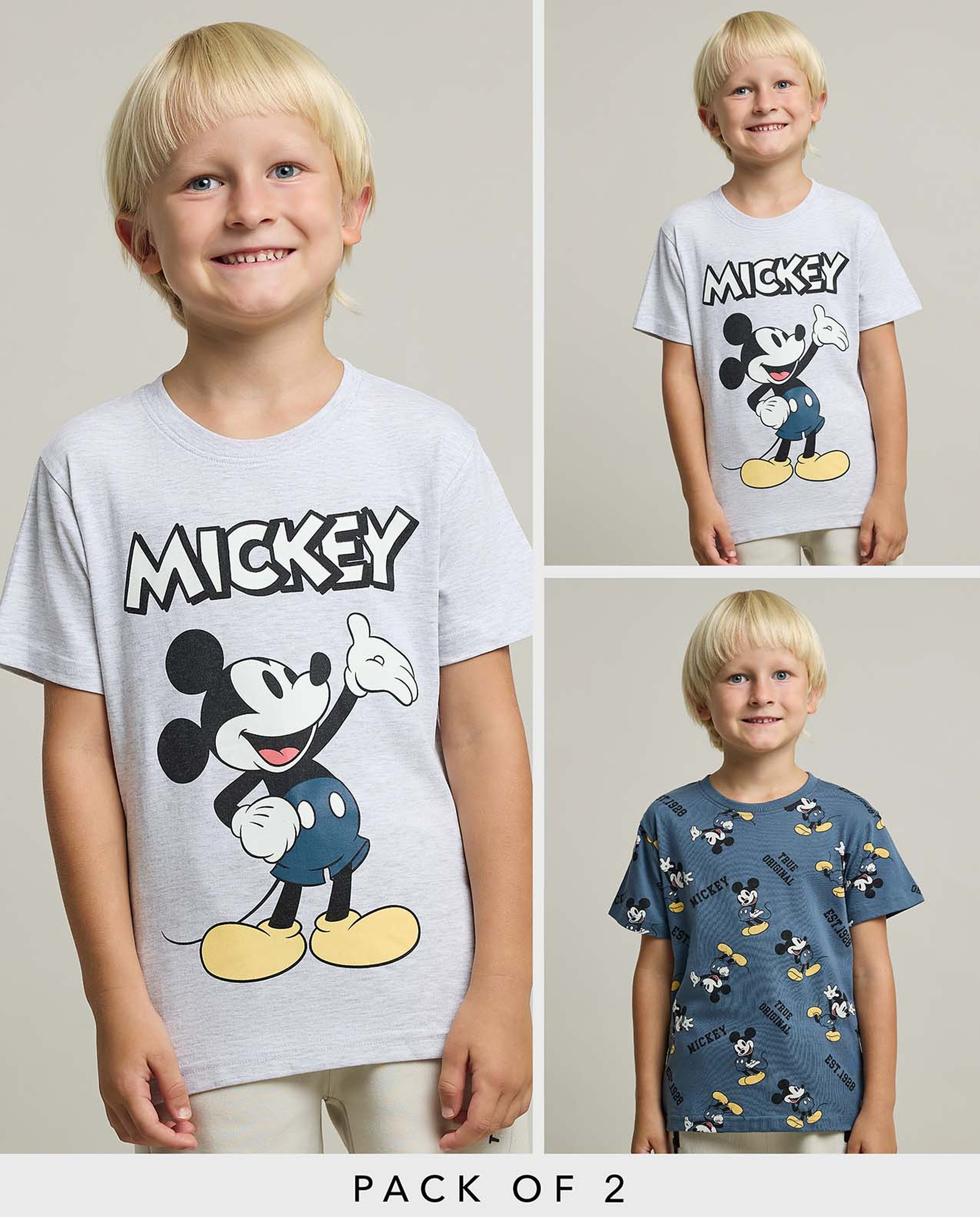 2 Pack Mickey Mouse Print T-Shirts with Short Sleeves