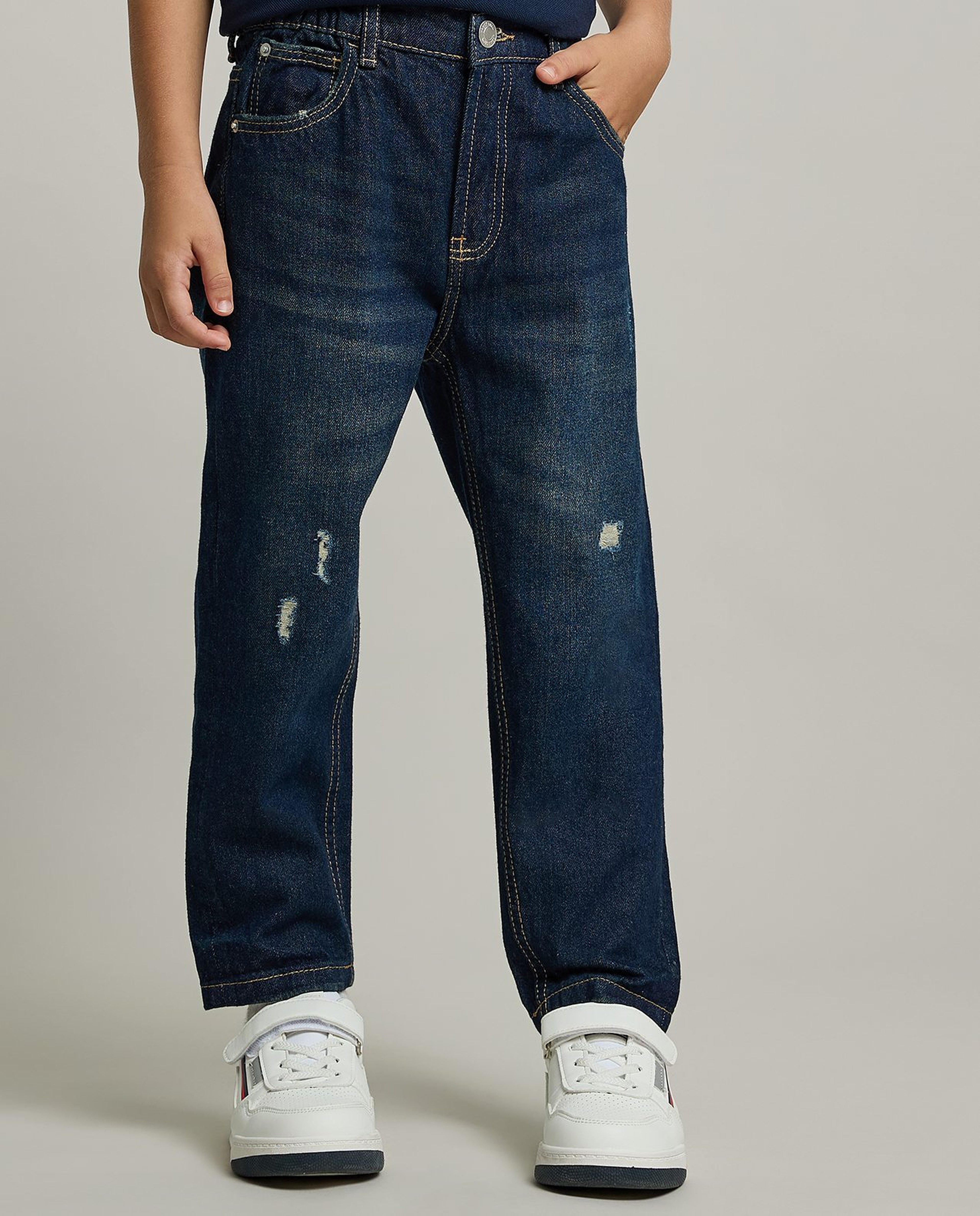Faded Straight Fit Jeans with Button Closure