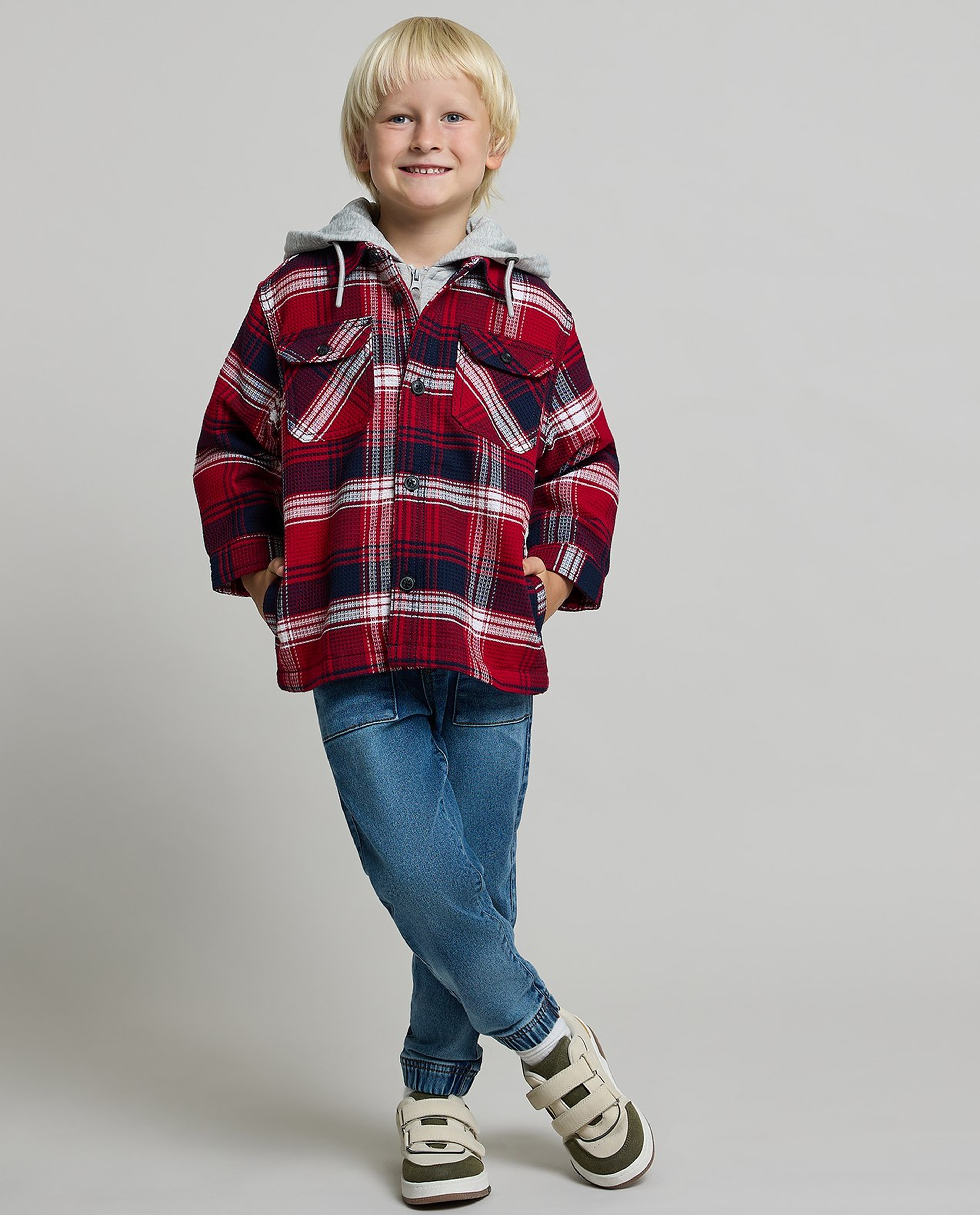 Plaid Hooded Shirt with Long Sleeves