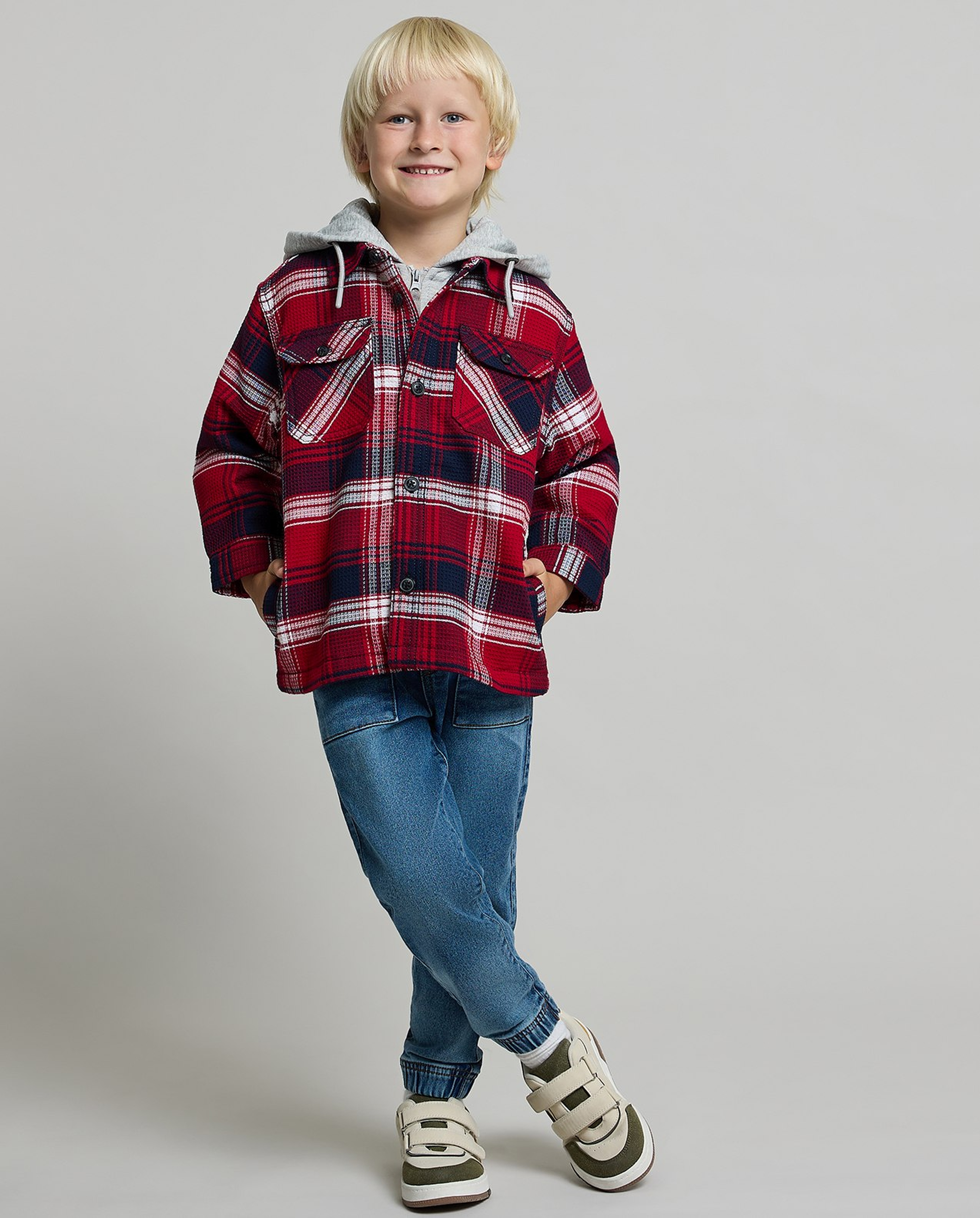 Plaid Hooded Shirt with Long Sleeves