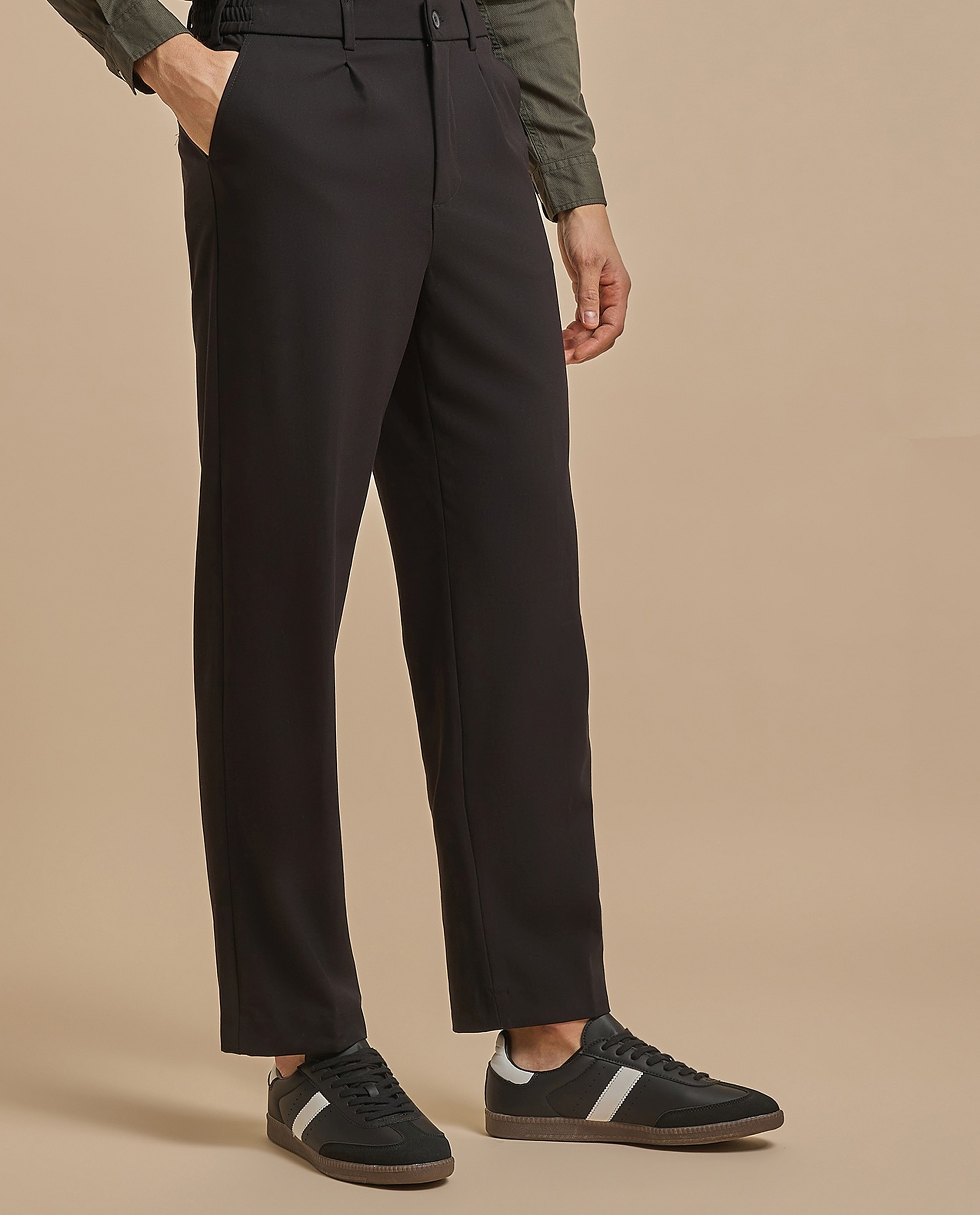Solid Relaxed Fit Trousers with Button Closure
