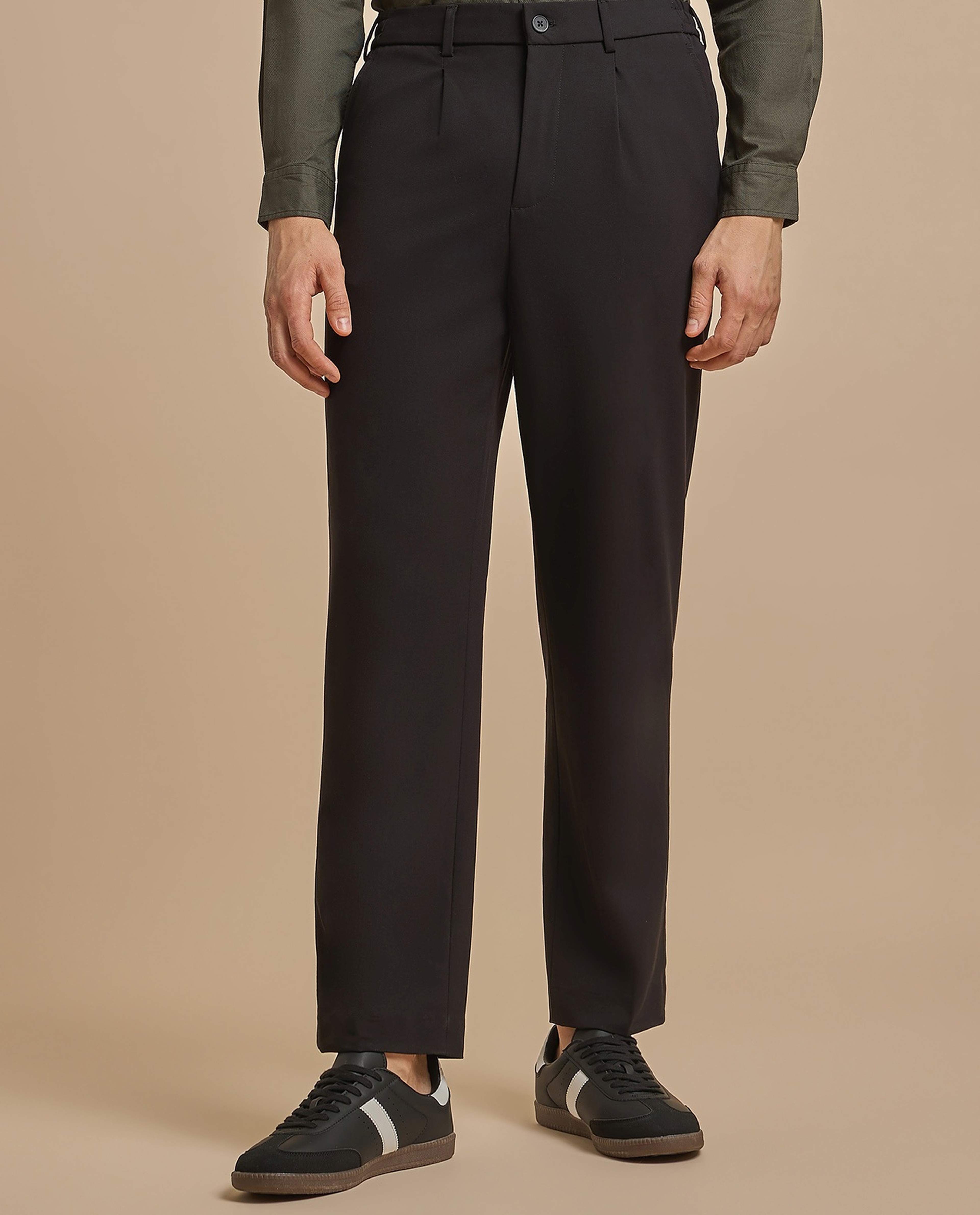 Solid Relaxed Fit Trousers with Button Closure
