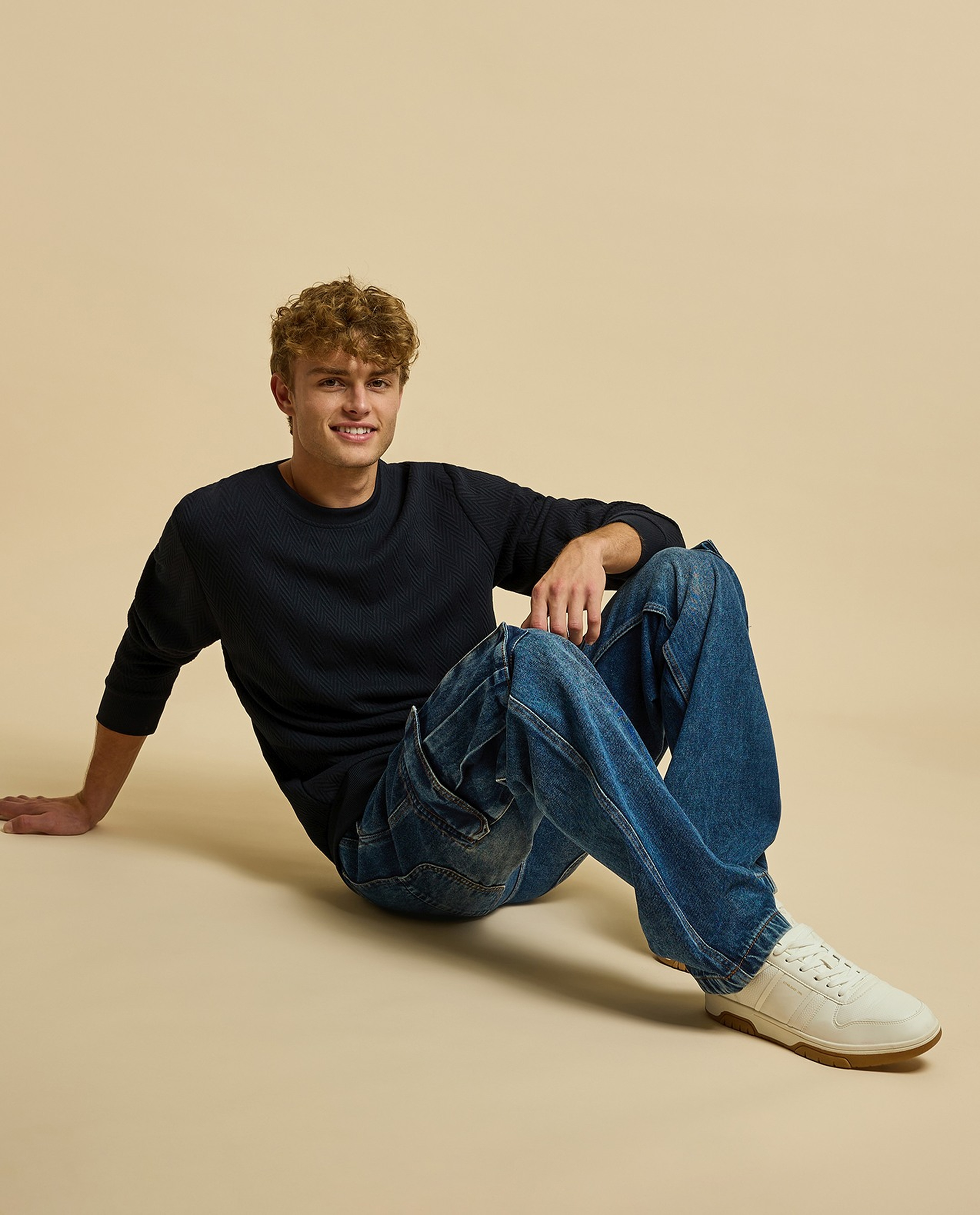 Textured Sweatshirt with Crew Neck and Long Sleeves