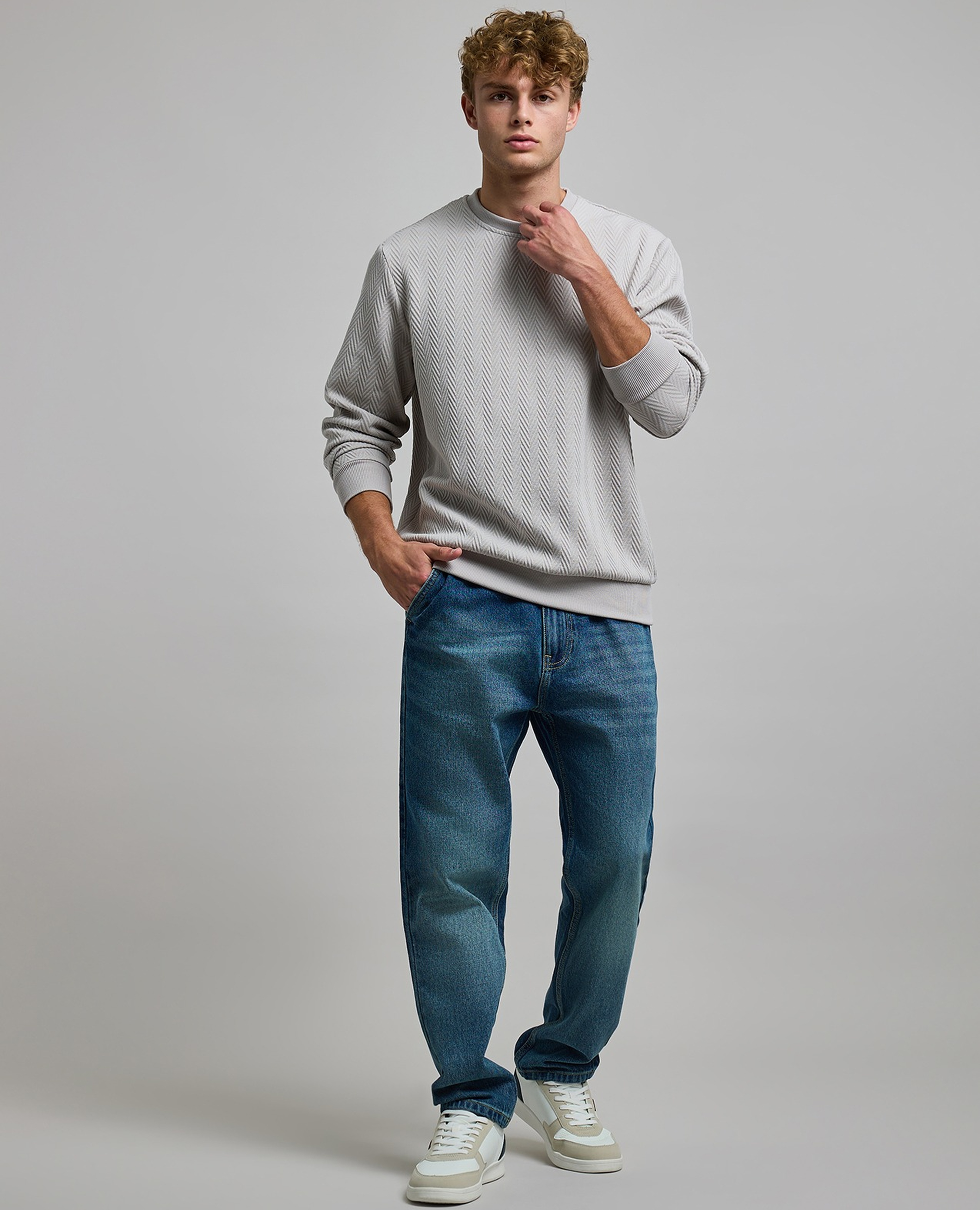 Textured Sweatshirt with Crew Neck and Long Sleeves