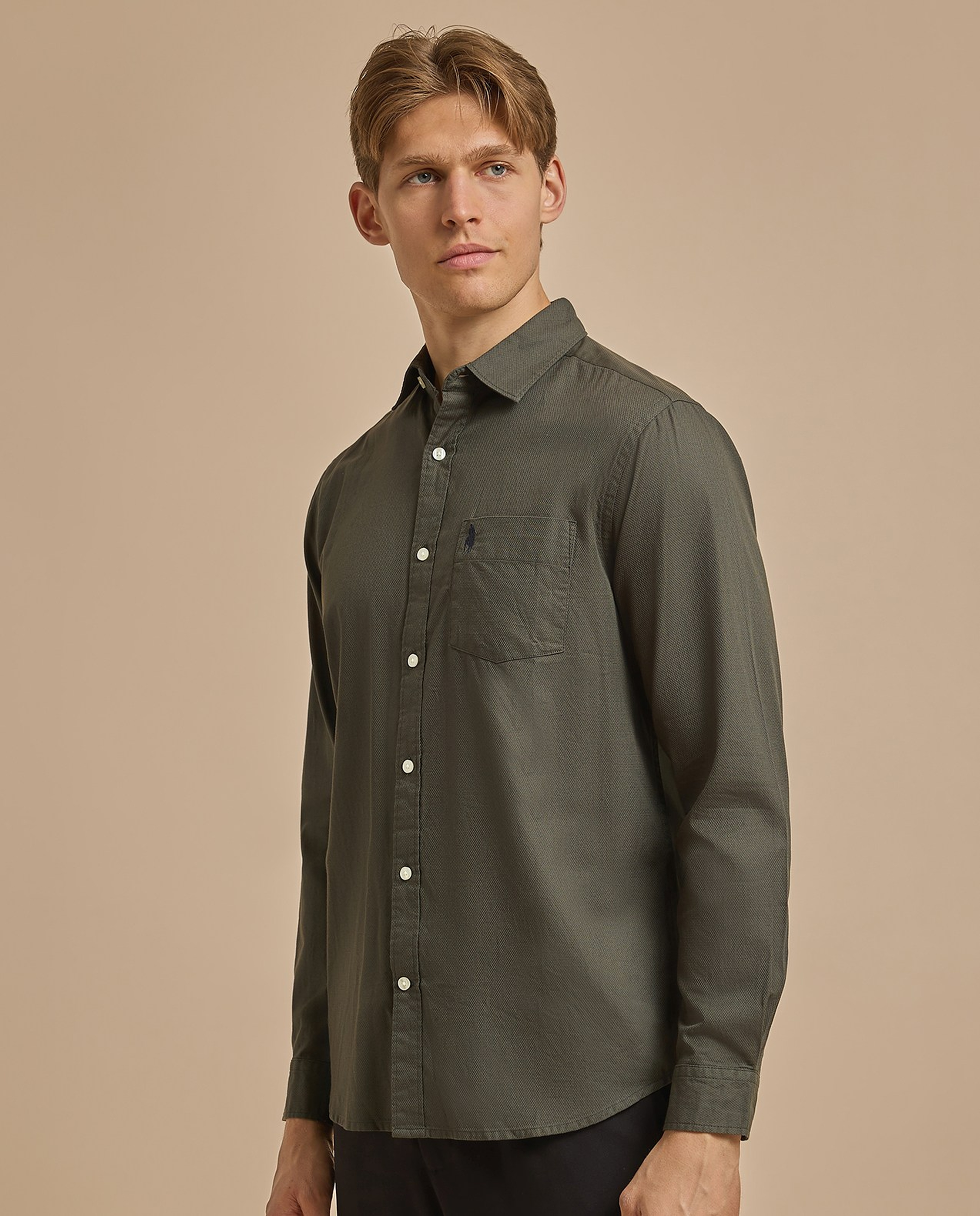 Solid Shirt with Classic Collar and Long Sleeves