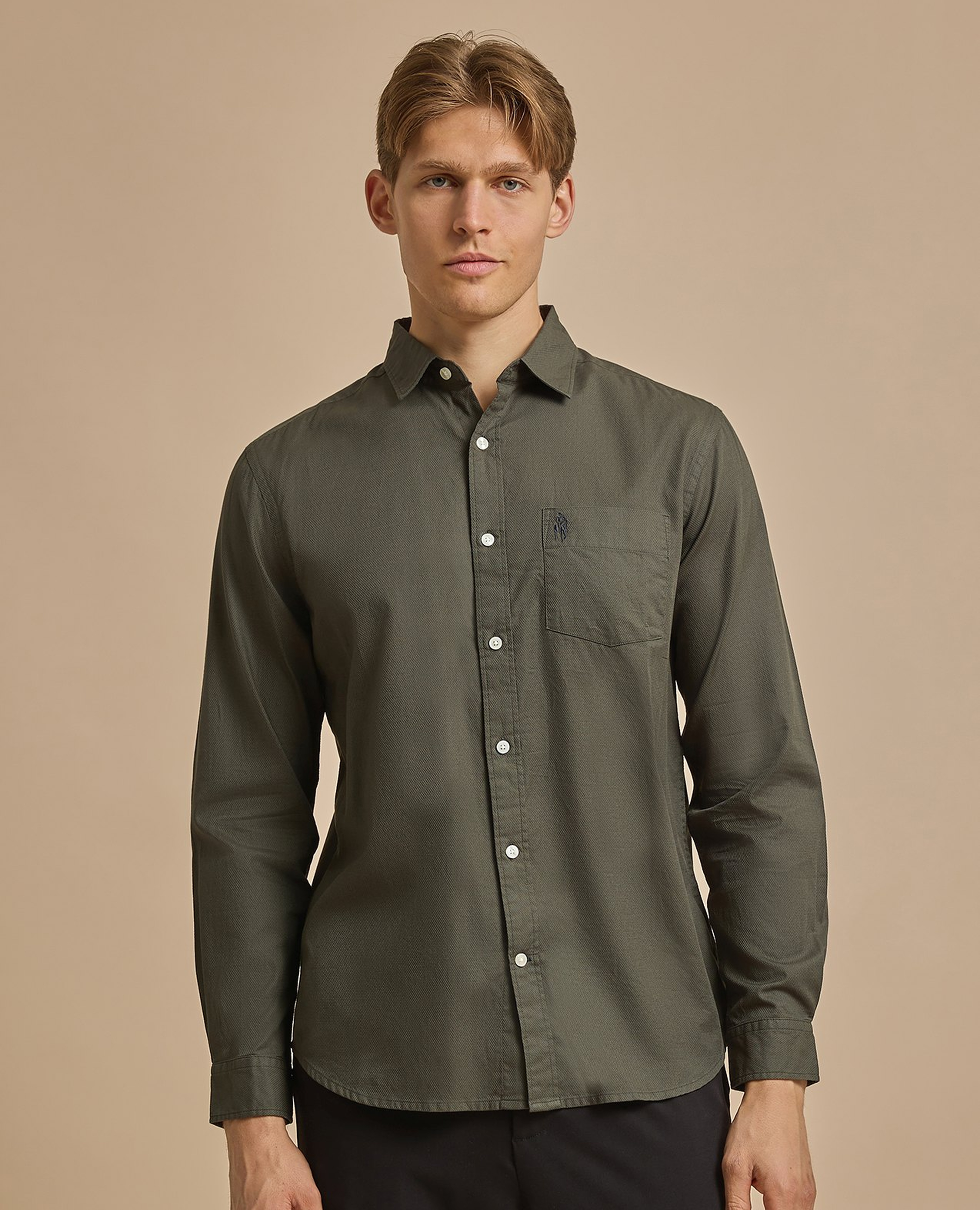Solid Shirt with Classic Collar and Long Sleeves