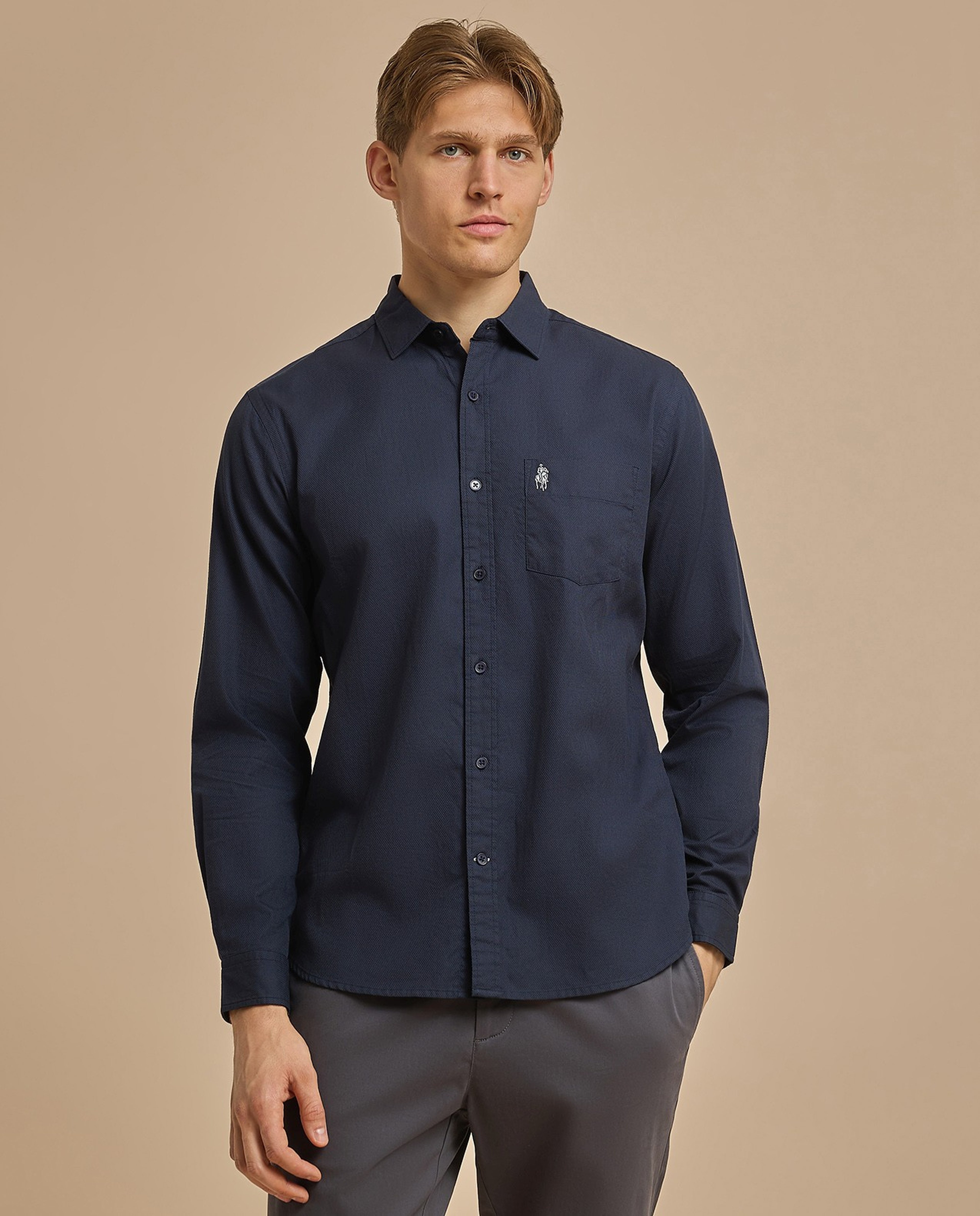 Solid Shirt with Classic Collar and Long Sleeves