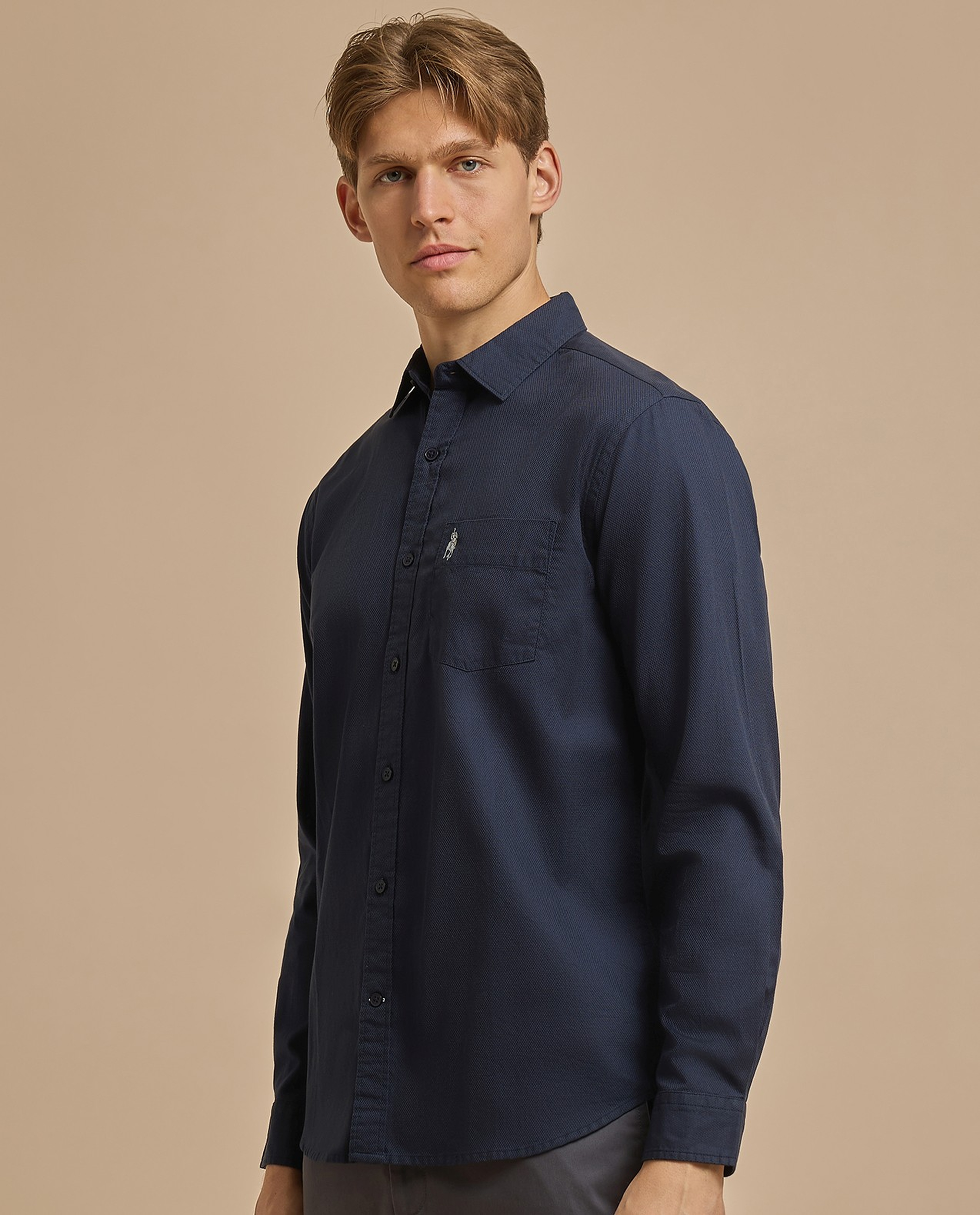 Solid Shirt with Classic Collar and Long Sleeves