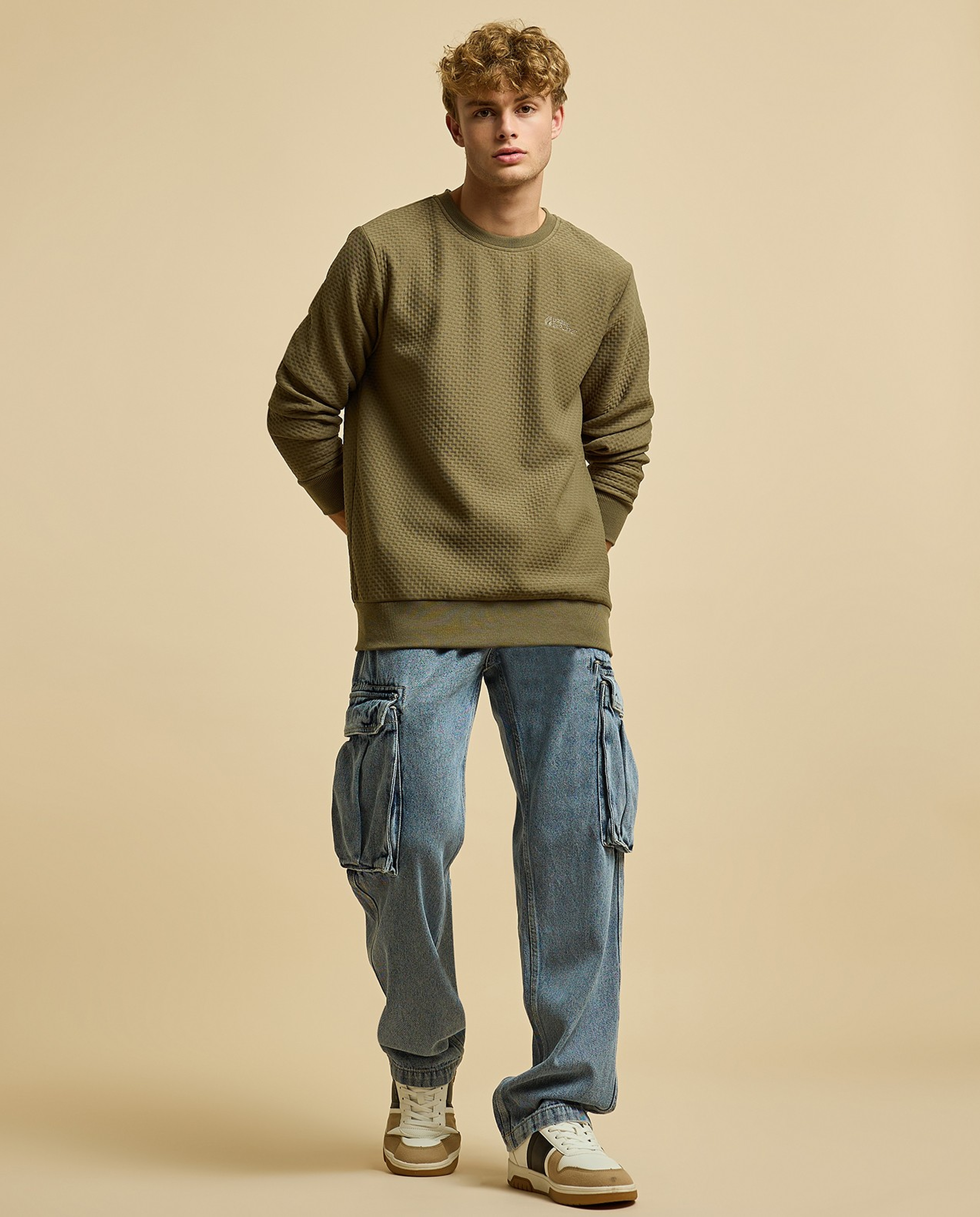 Textured Sweatshirt with Crew Neck and Long Sleeves