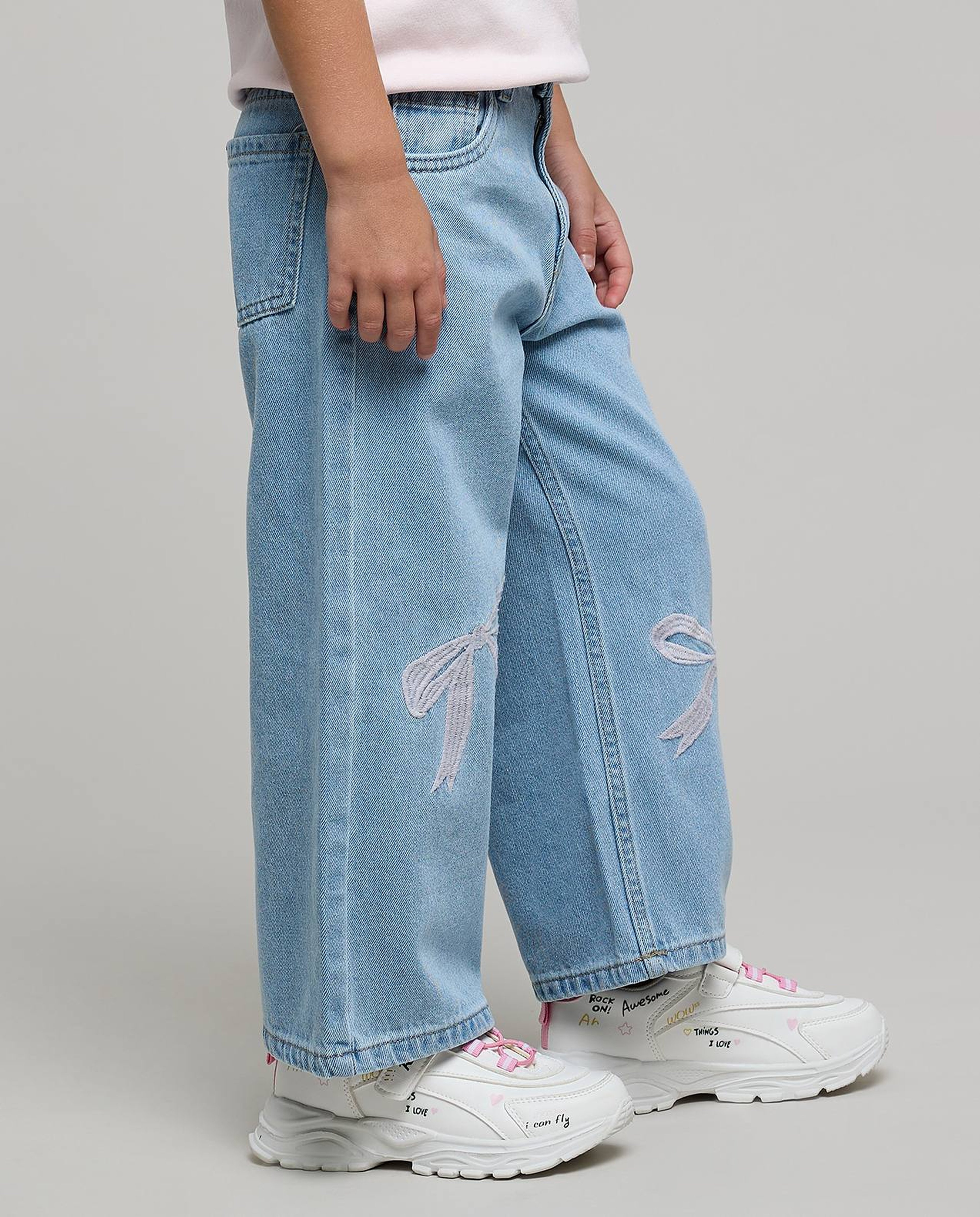 Bow Embroidered Loose Fit Jeans with Button Closure