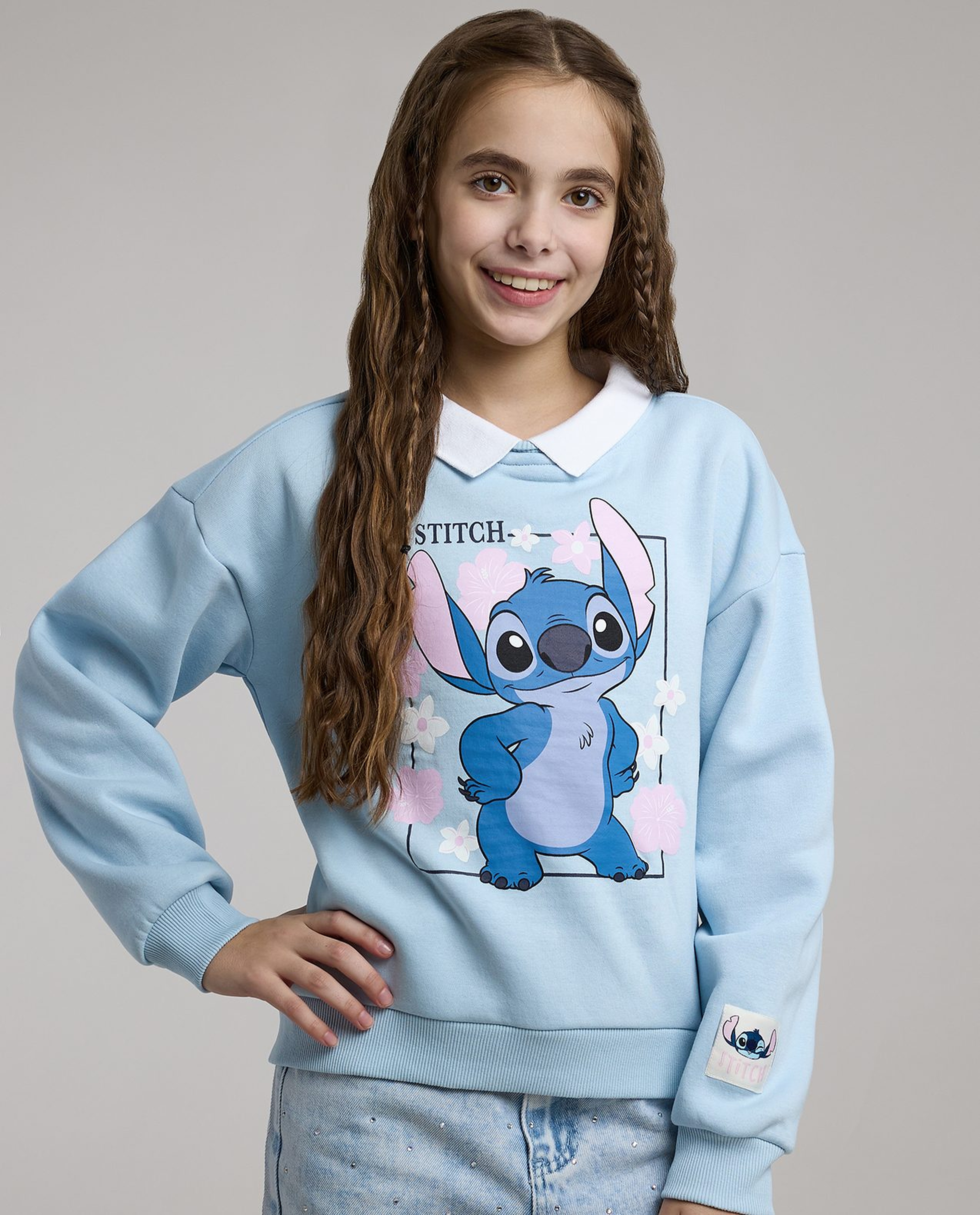 Stitch Print Sweatshirt with Shirt Collar and Long Sleeves