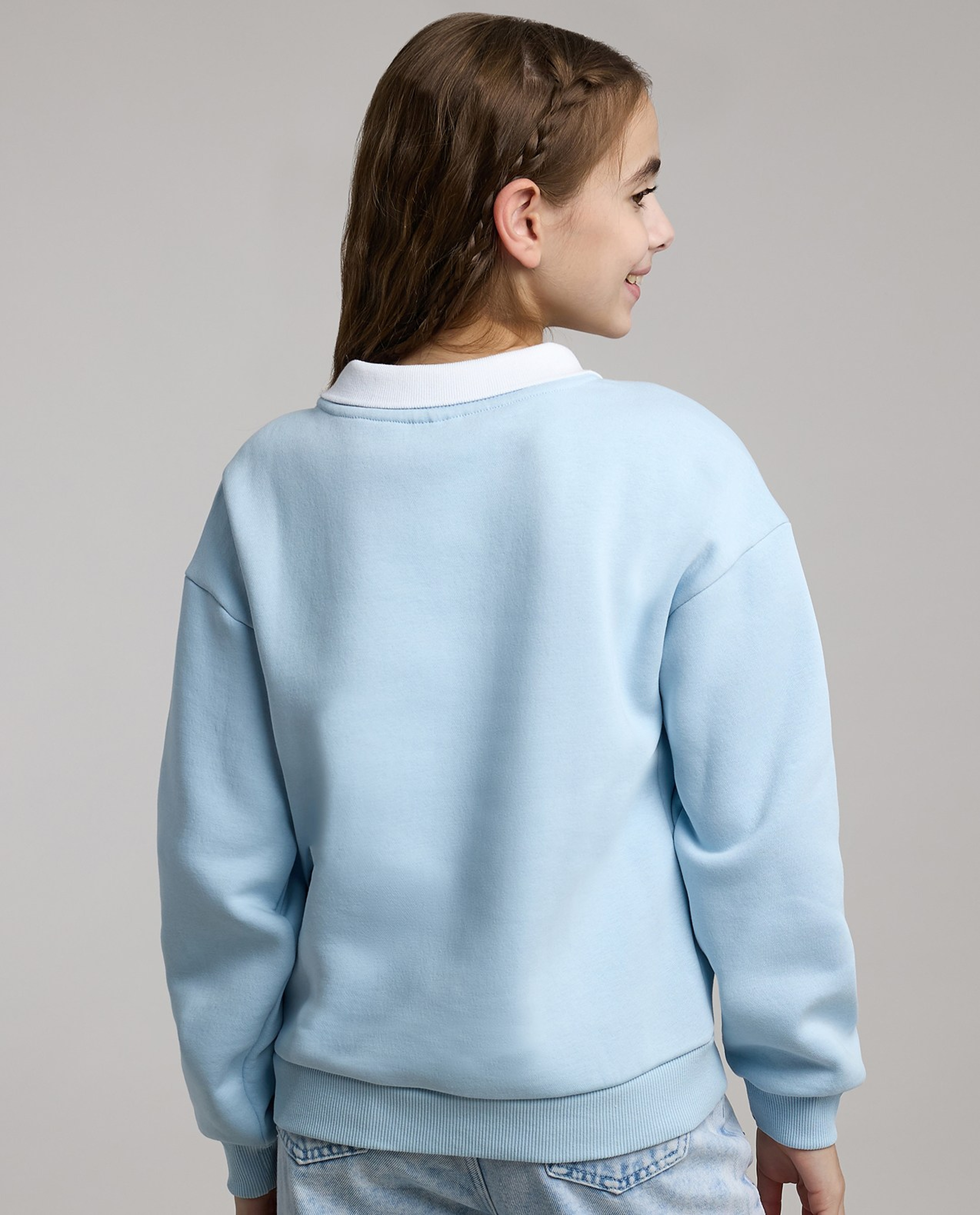 Stitch Print Sweatshirt with Shirt Collar and Long Sleeves