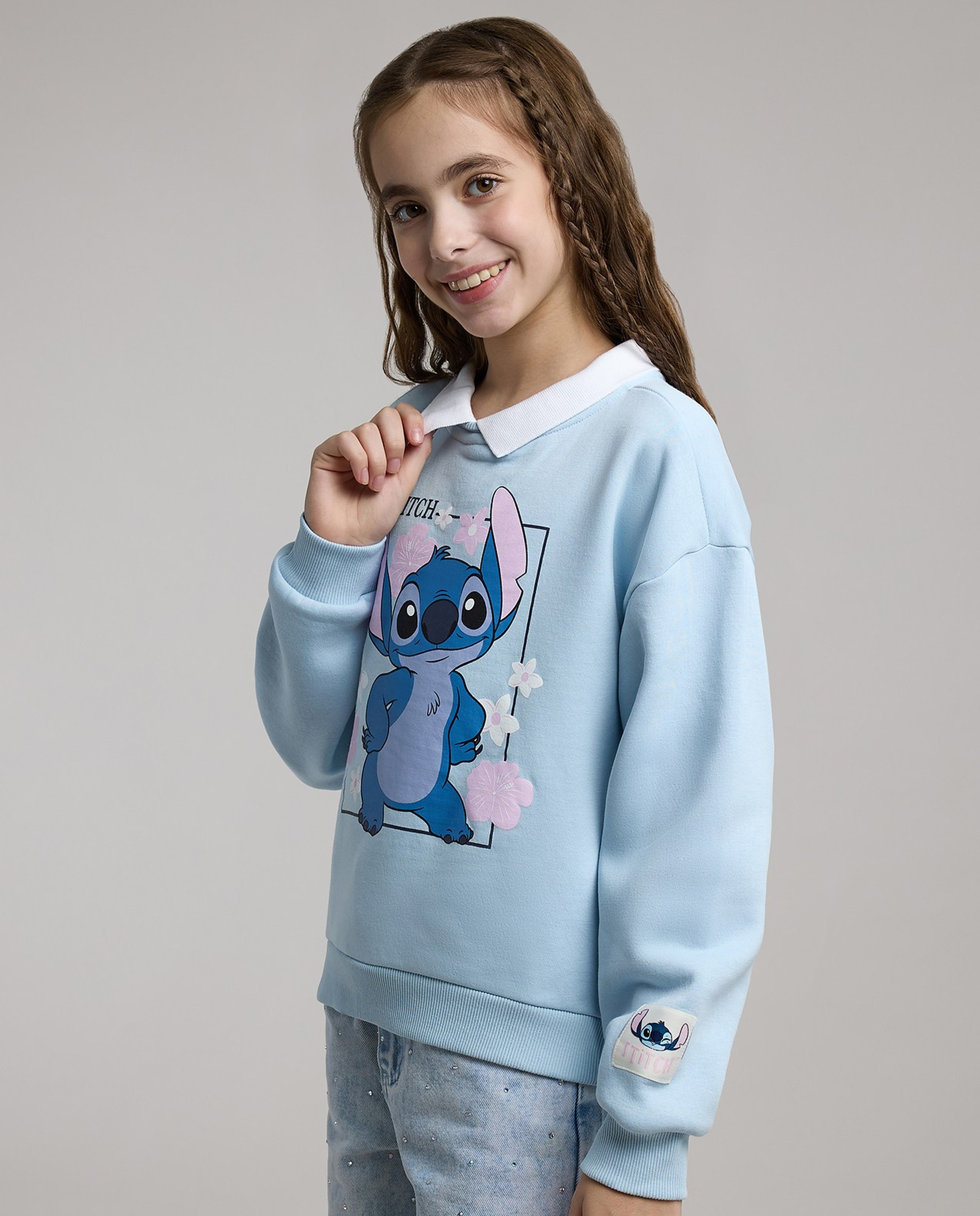 Stitch Print Sweatshirt with Shirt Collar and Long Sleeves