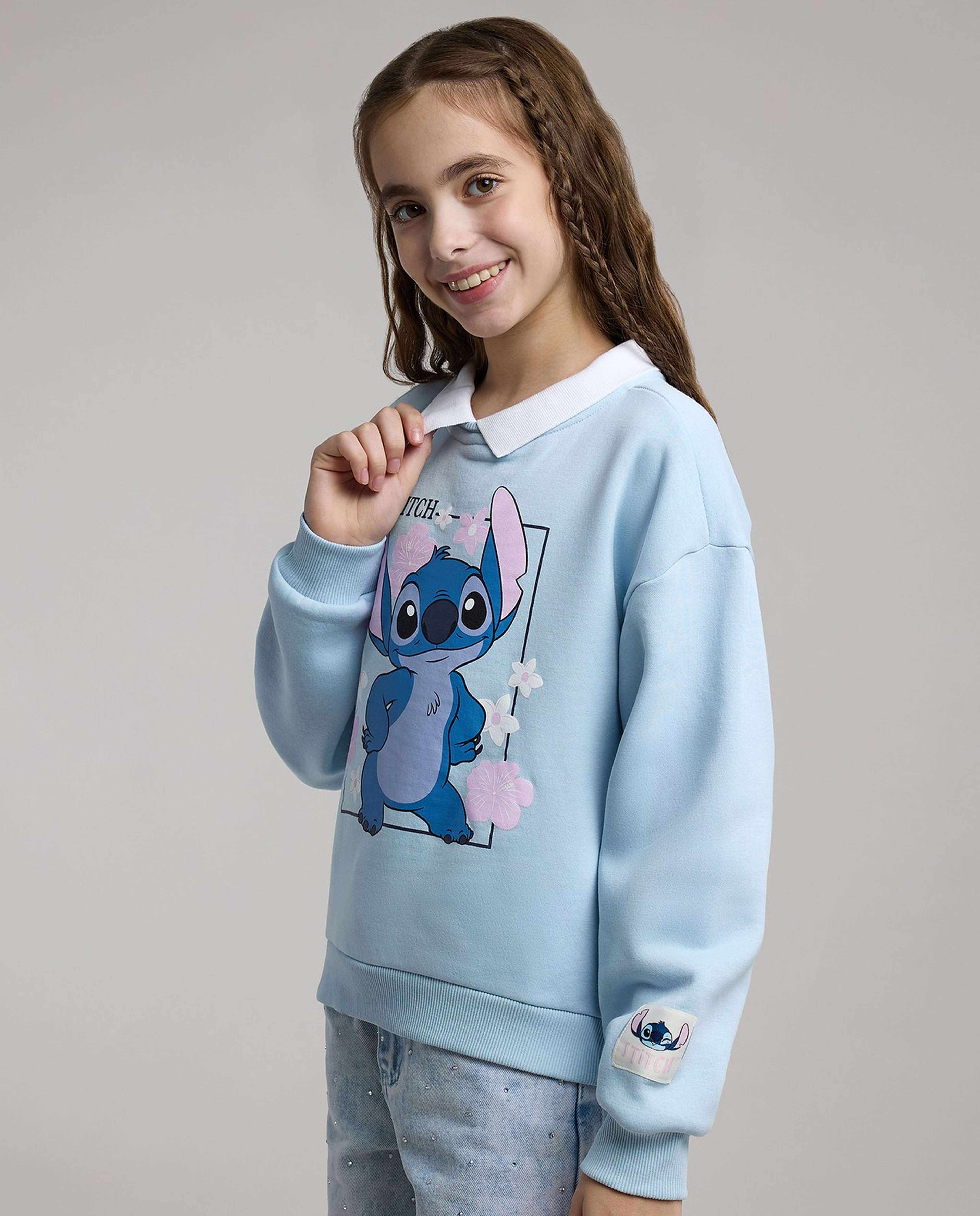 Stitch Print Sweatshirt with Shirt Collar and Long Sleeves