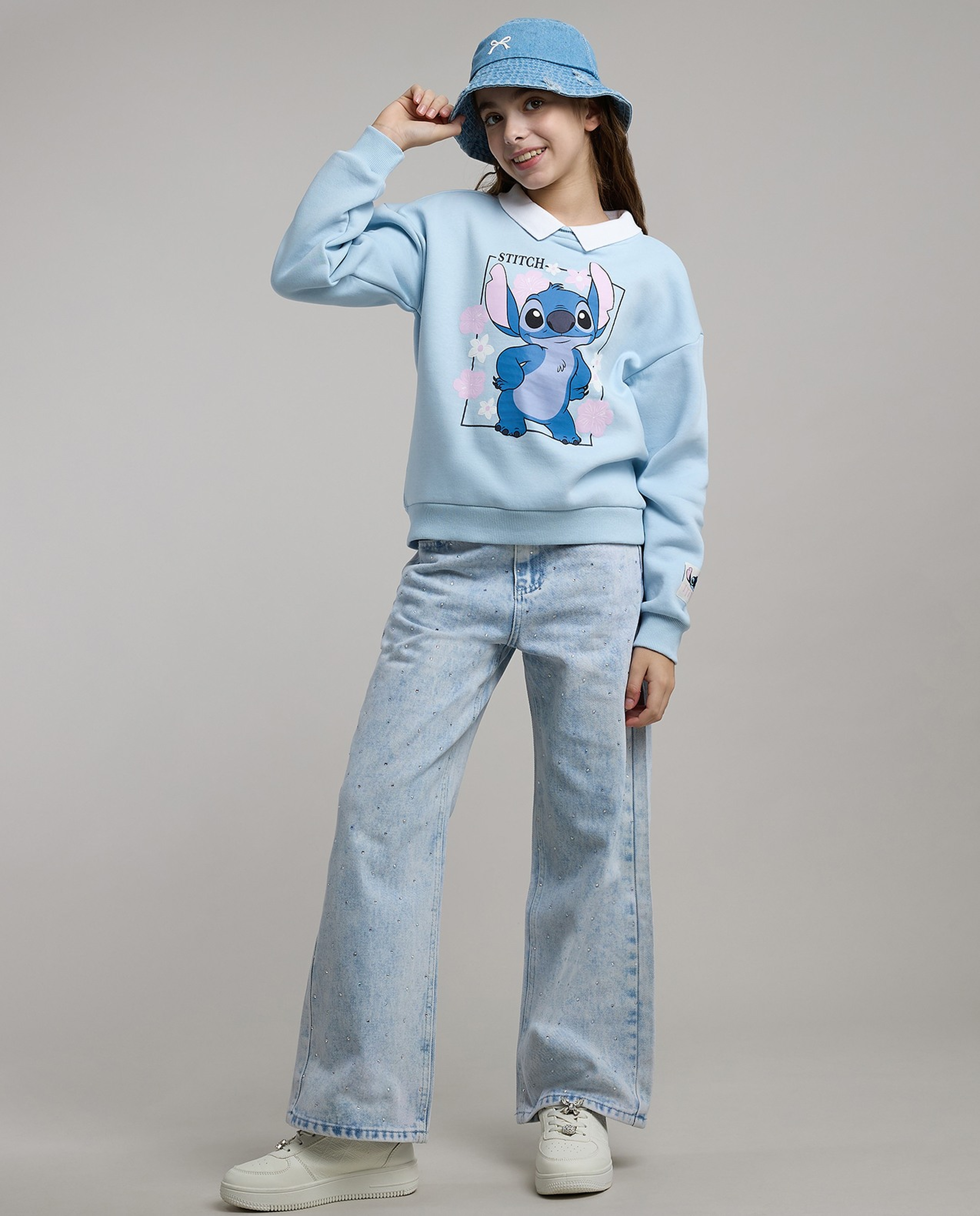 Stitch Print Sweatshirt with Shirt Collar and Long Sleeves